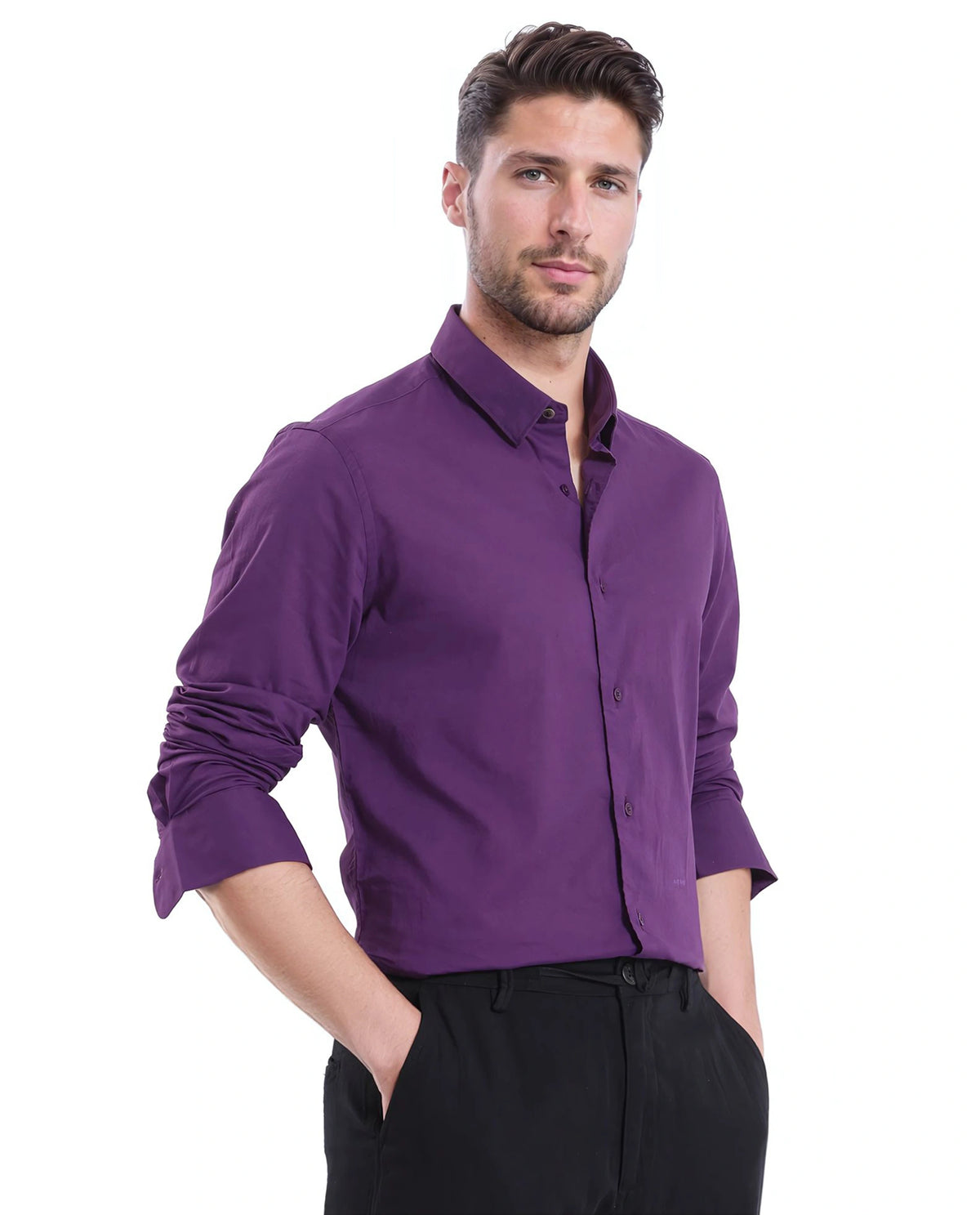 Rare Rabbit Men's Cambroc Dark Purple Cotton Fabric Full Sleeves Regular Fit Solid Shirt