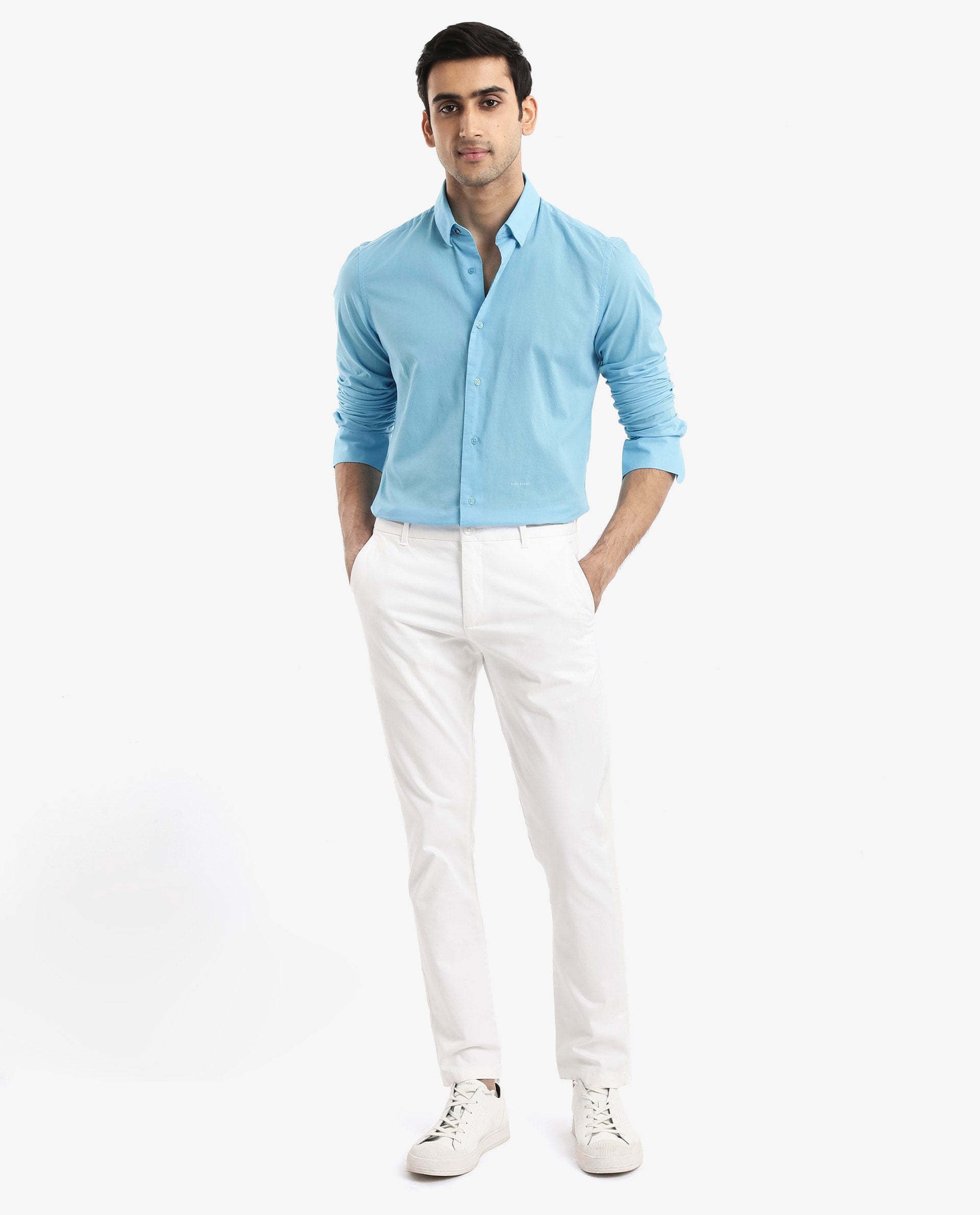 Rare Rabbit Men's Cambroc Light Blue Cotton Fabric Full Sleeves Regular Fit Solid Shirt