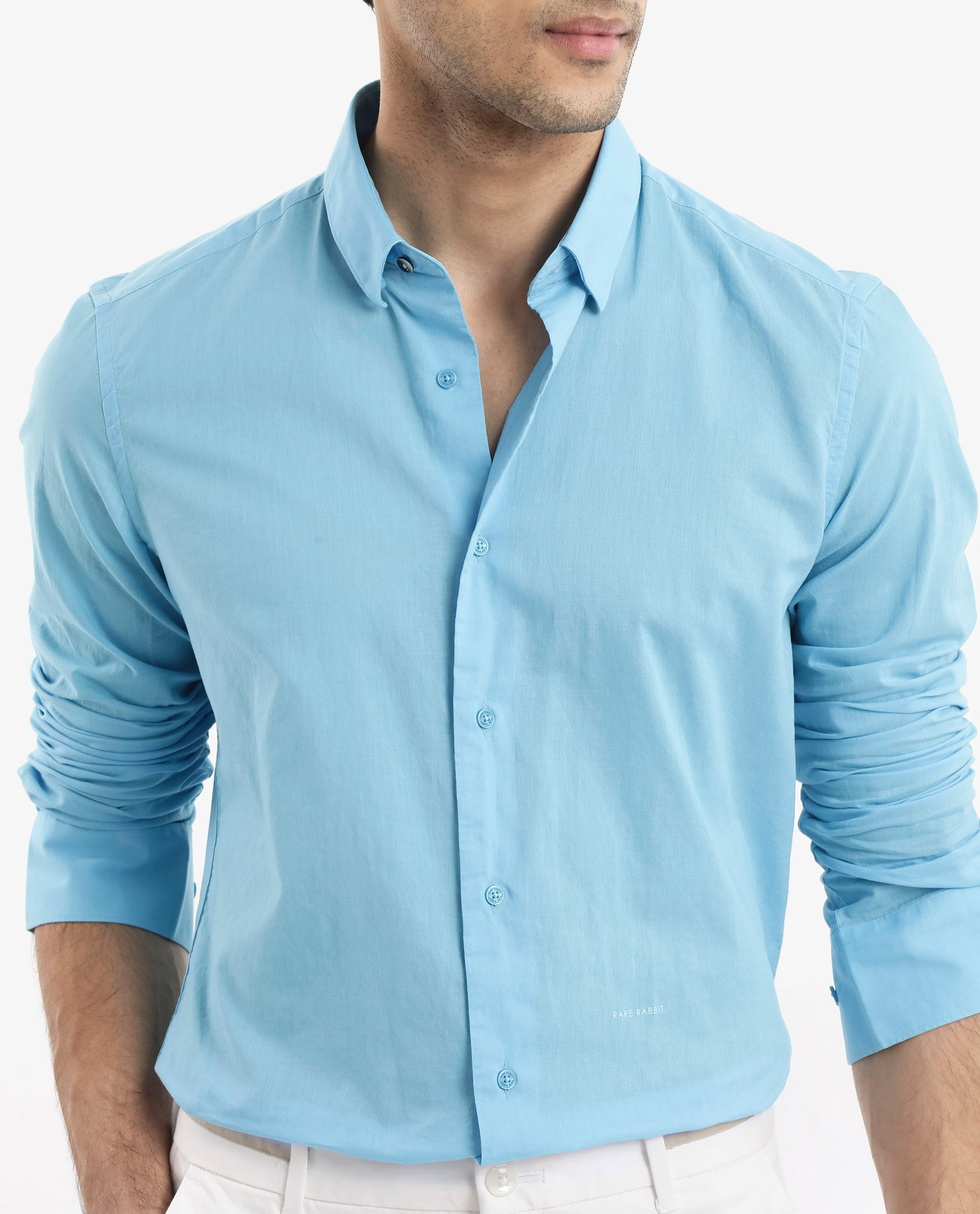 Rare Rabbit Men's Cambroc Light Blue Cotton Fabric Full Sleeves Regular Fit Solid Shirt