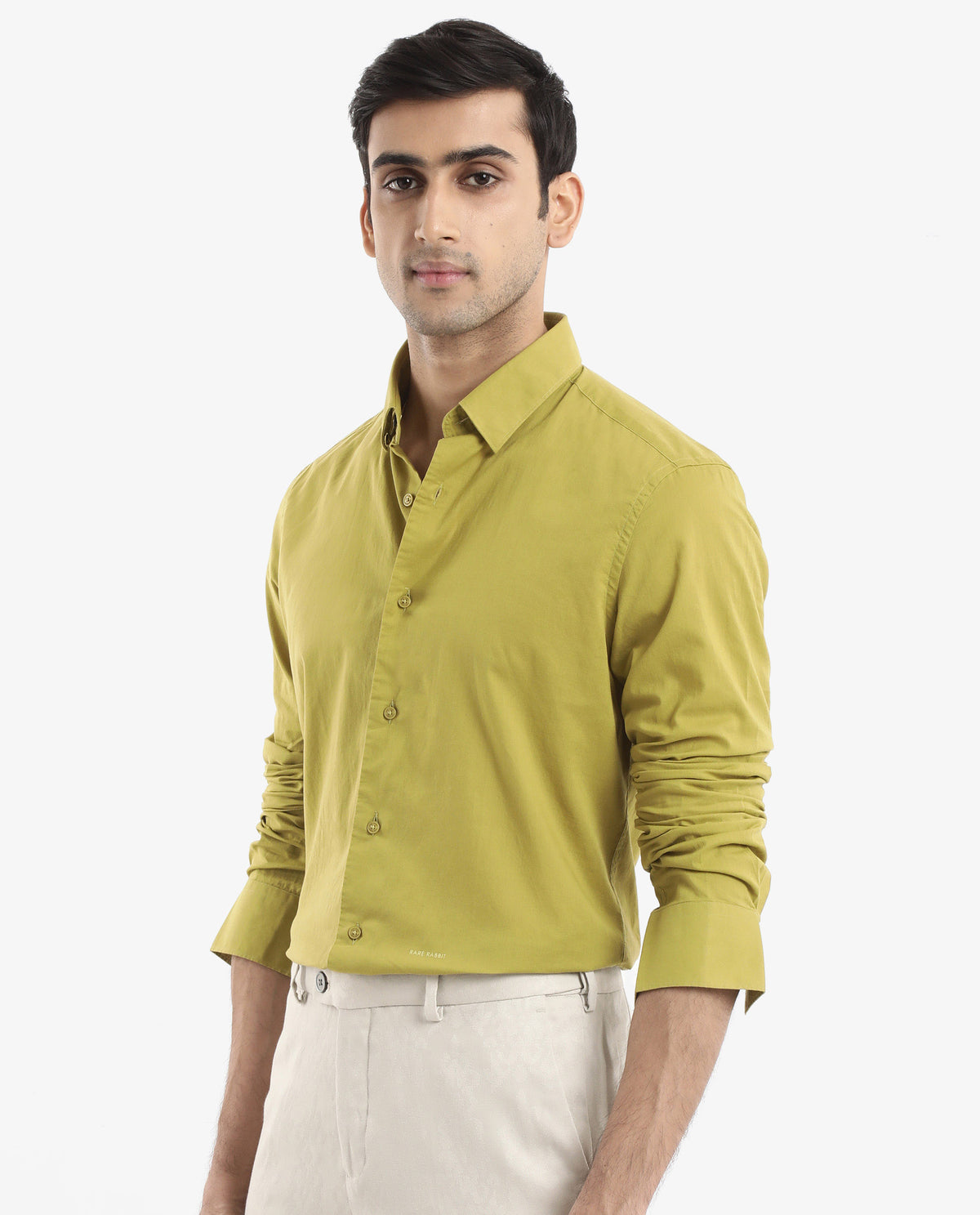 Rare Rabbit Men's Cambroc Light Olive Cotton Fabric Full Sleeves Regular Fit Solid Shirt