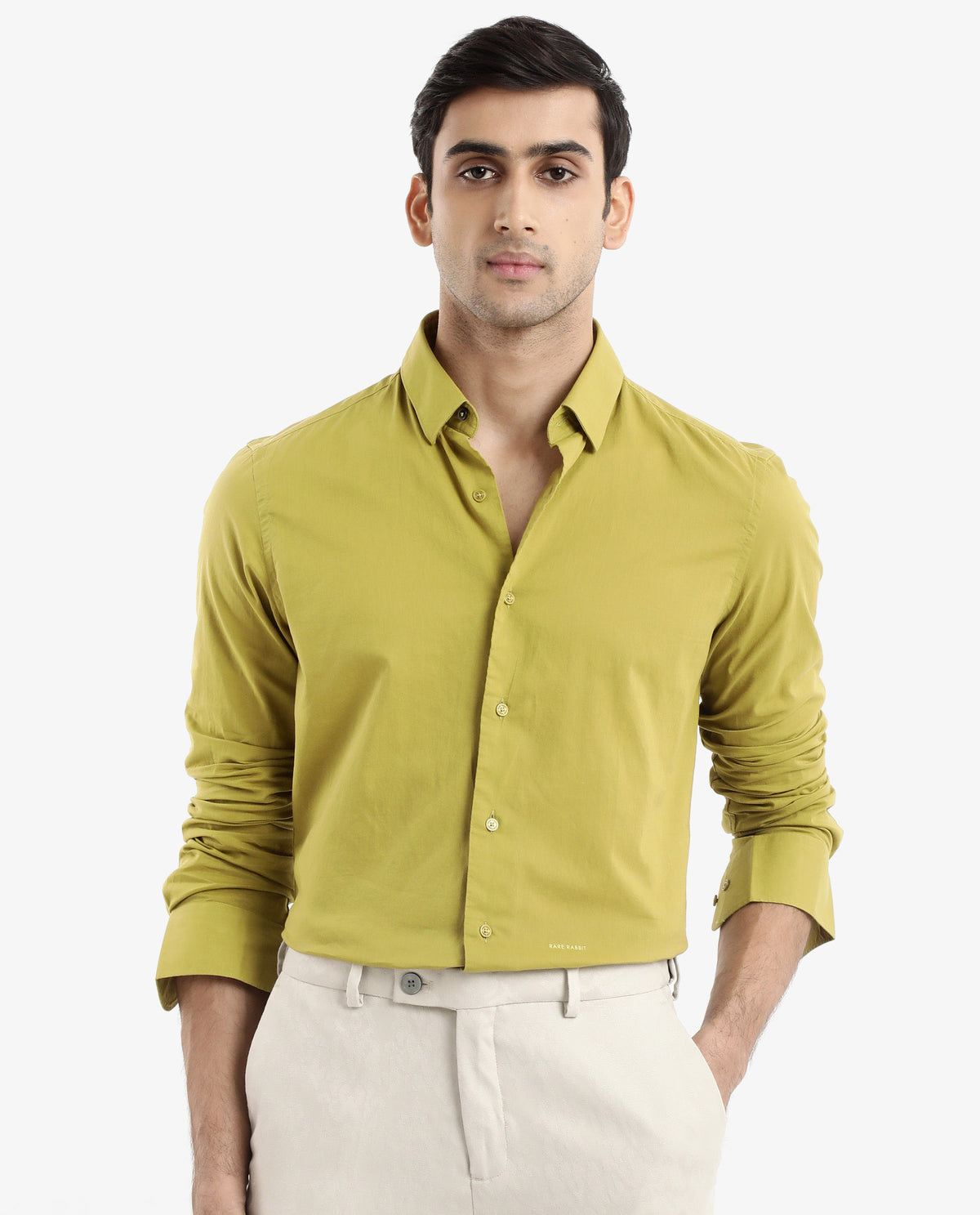 Rare Rabbit Men's Cambroc Light Olive Cotton Fabric Full Sleeves Regular Fit Solid Shirt