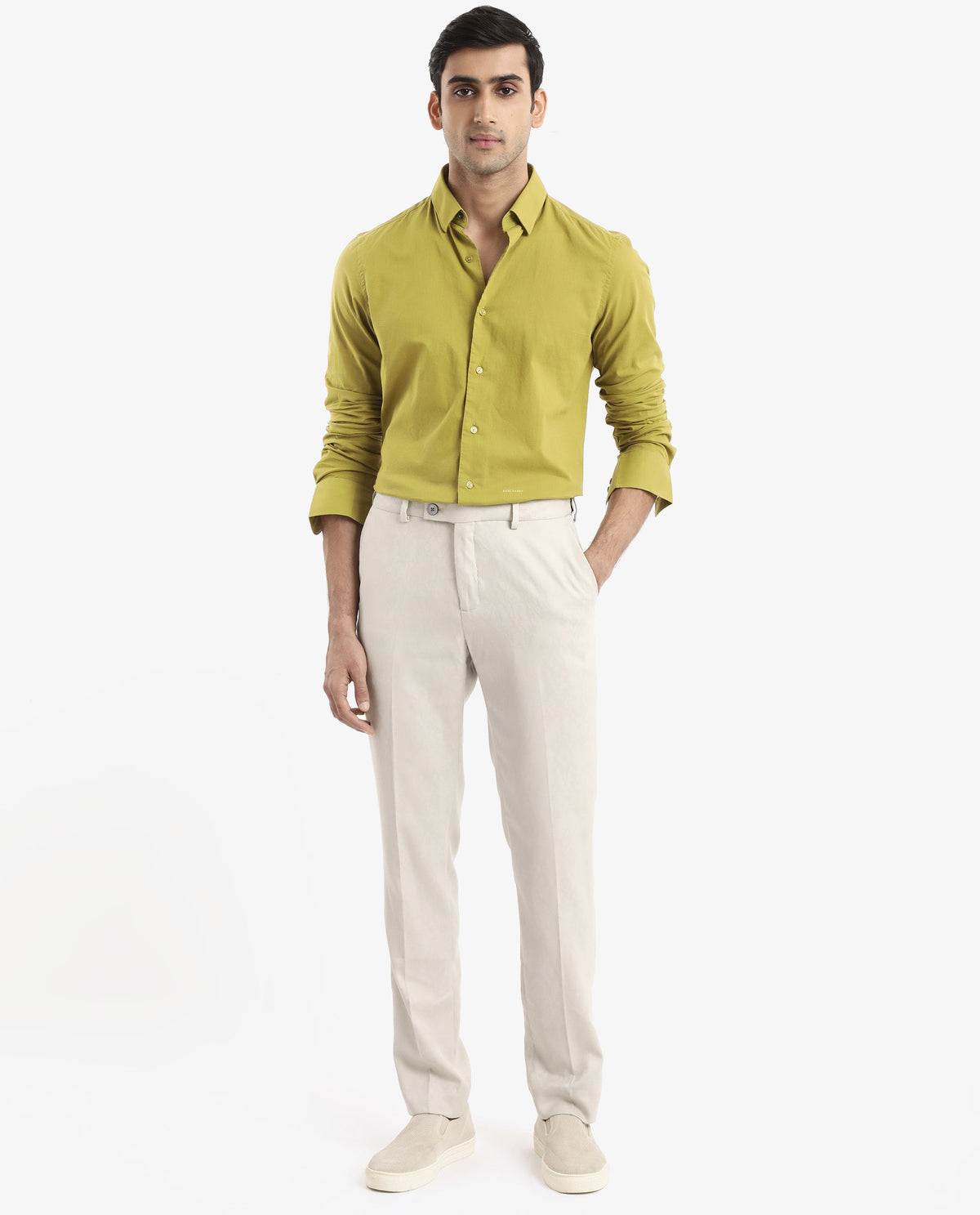 Rare Rabbit Men's Cambroc Light Olive Cotton Fabric Full Sleeves Regular Fit Solid Shirt