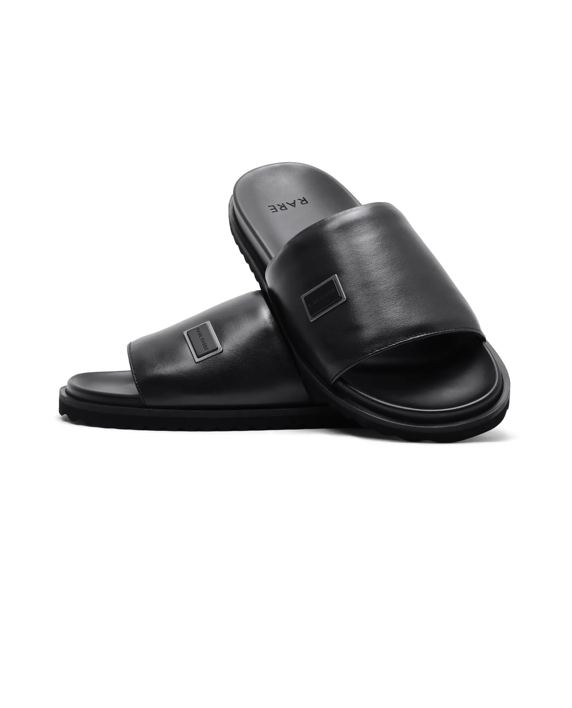 Rare Rabbit Men Camden Black Leather Slip-On Closure Sandal