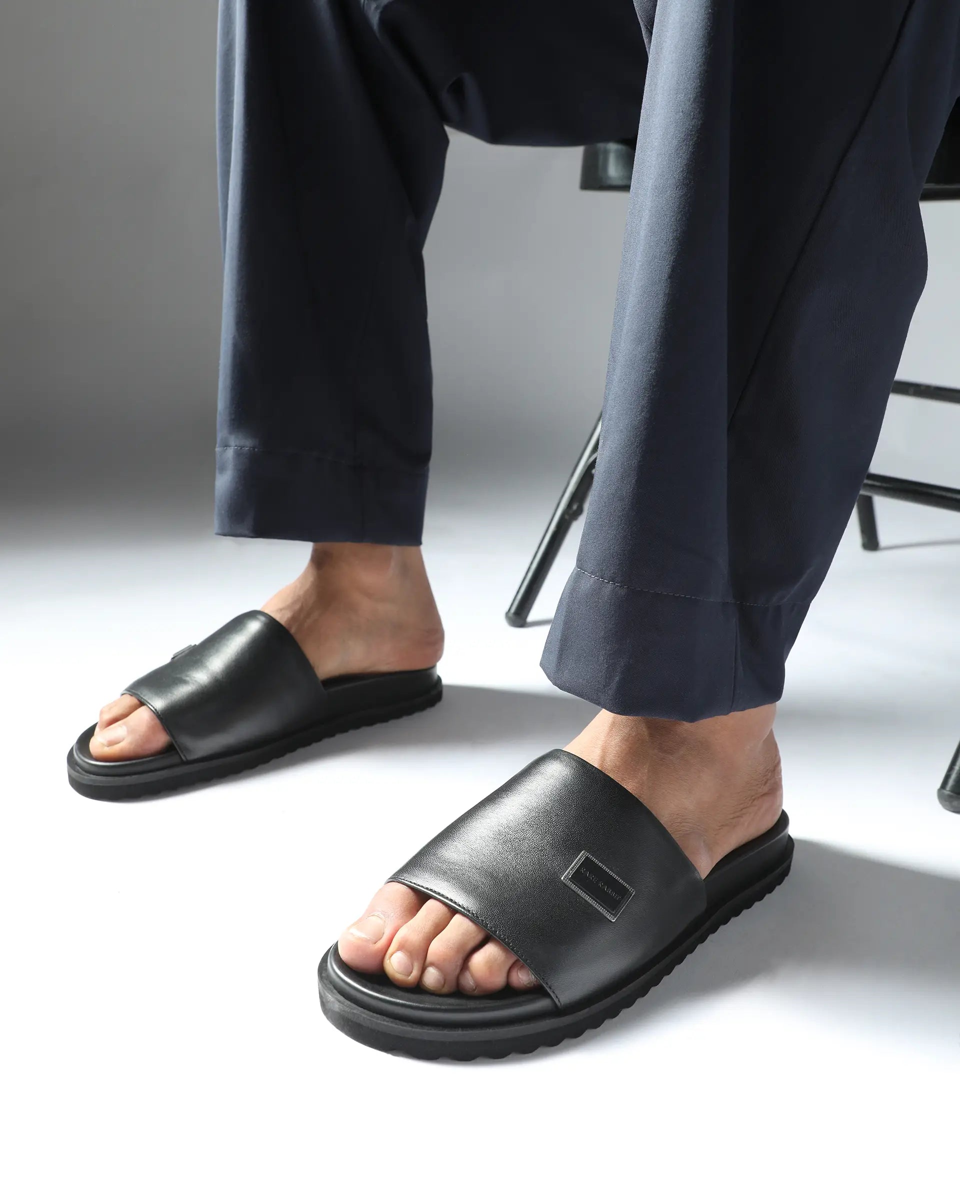 Rare Rabbit Men Camden Black Leather Slip-On Closure Sandal