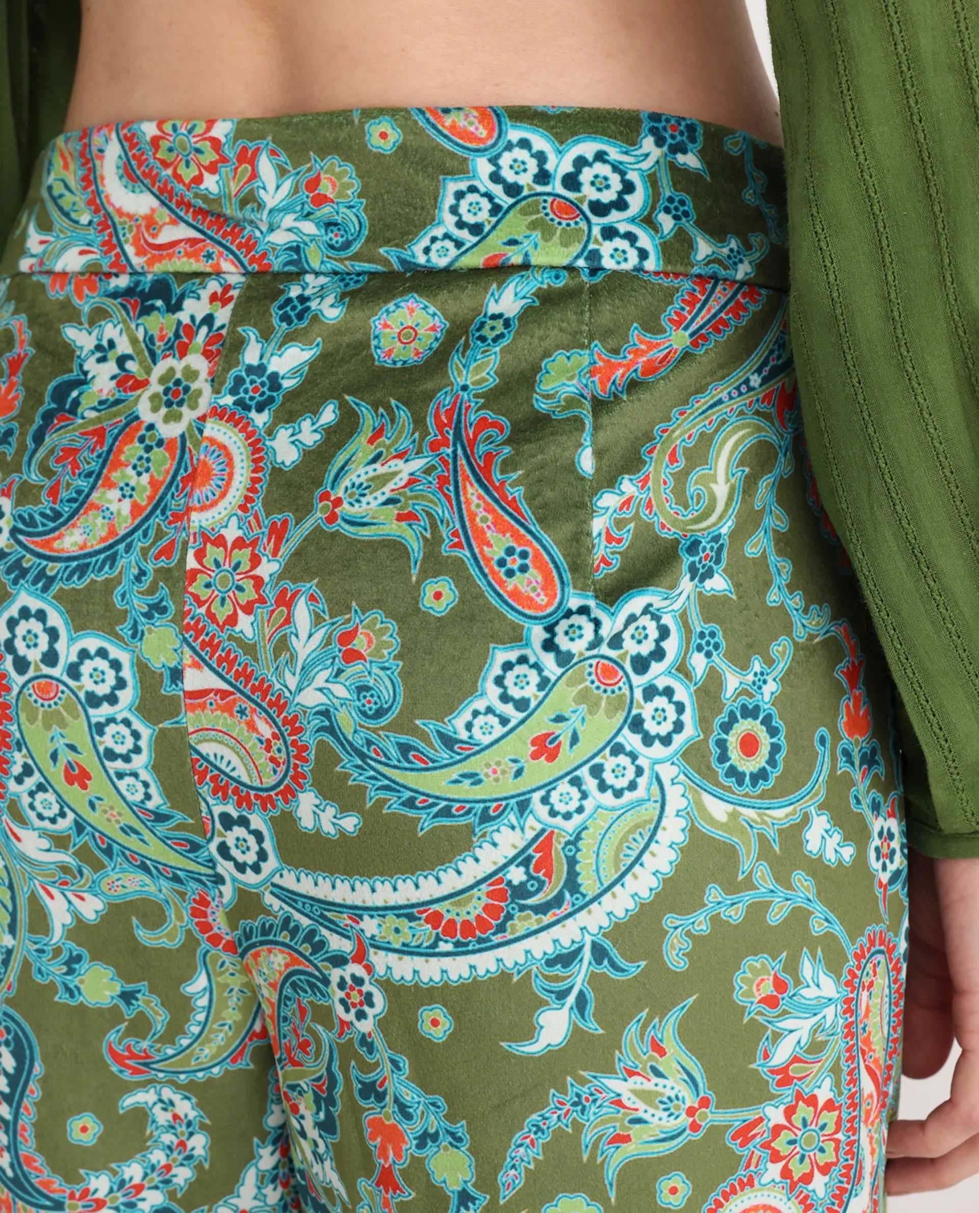 Rareism Women's Camder B Multi Velvet Paisley Print Ankle Length Bootcut Trouser