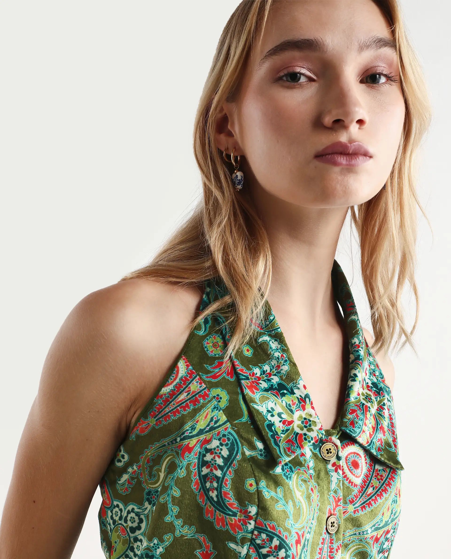 Rareism Women's Camder Multi Velvet Halter Neck Paisley Print Sleeveless Crop Polyester Waist Coat