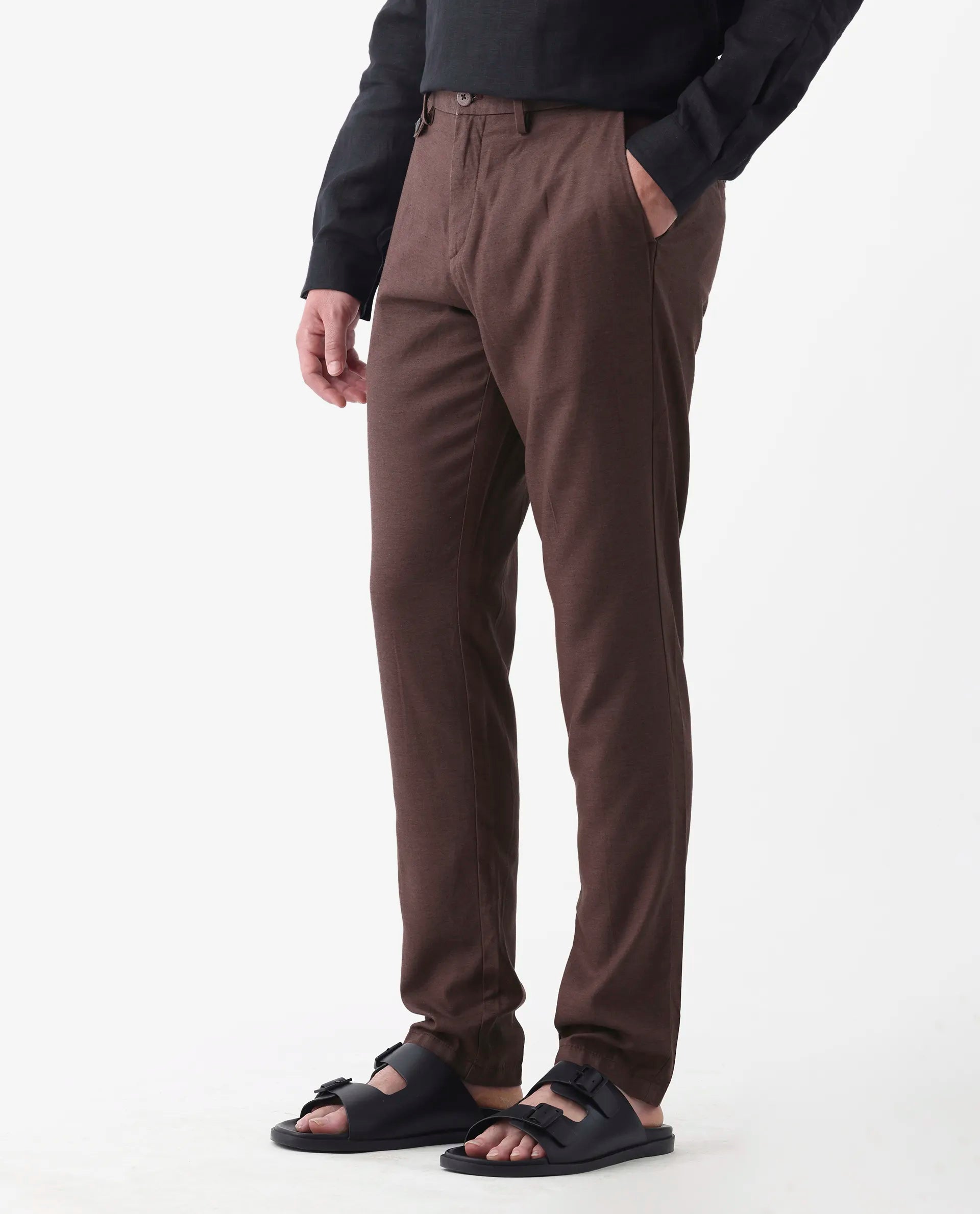 Rare Rabbit Men's Cameo Maroon 100% Linen Plain Regular Fit Trouser