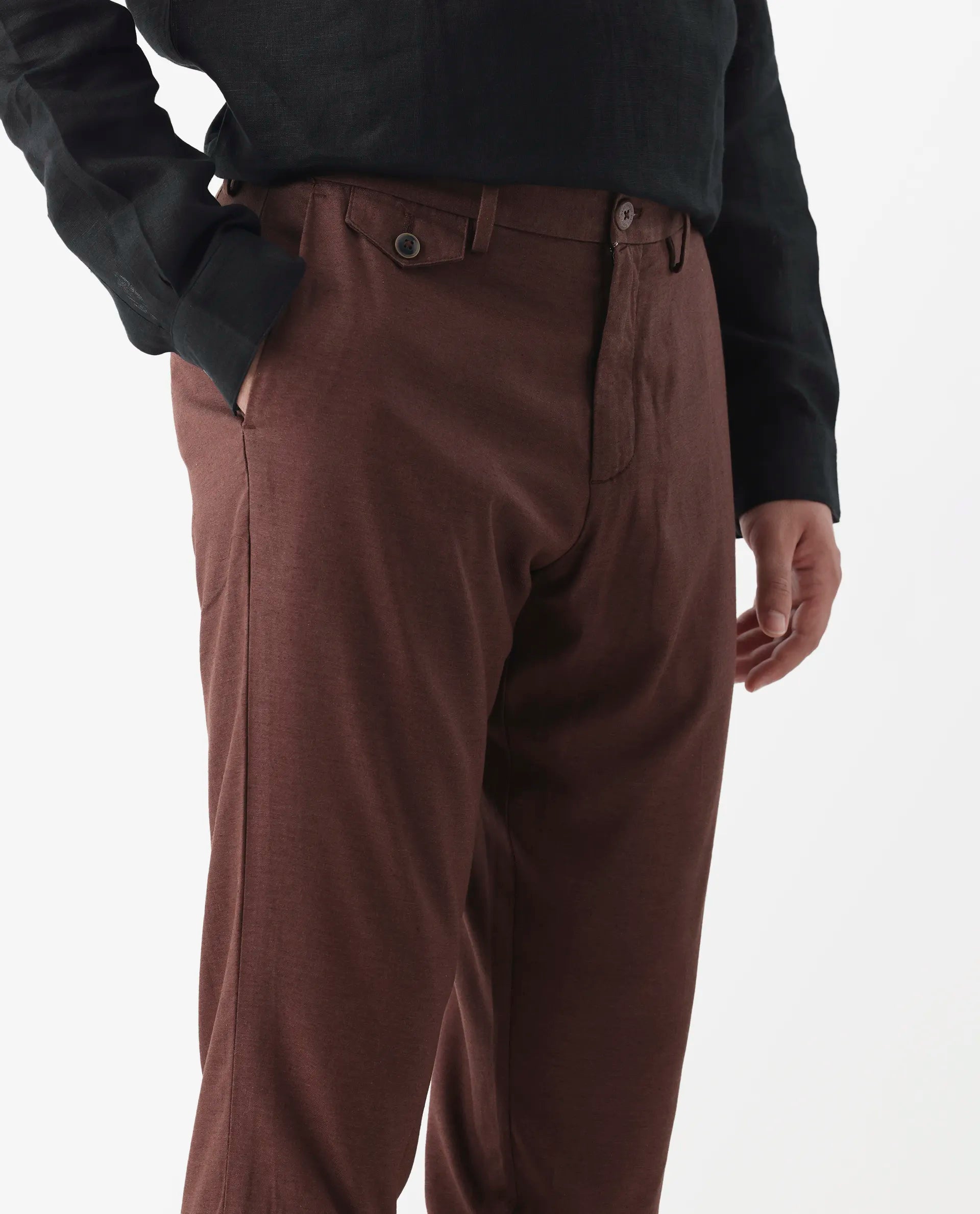 Rare Rabbit Men's Cameo Maroon 100% Linen Plain Regular Fit Trouser