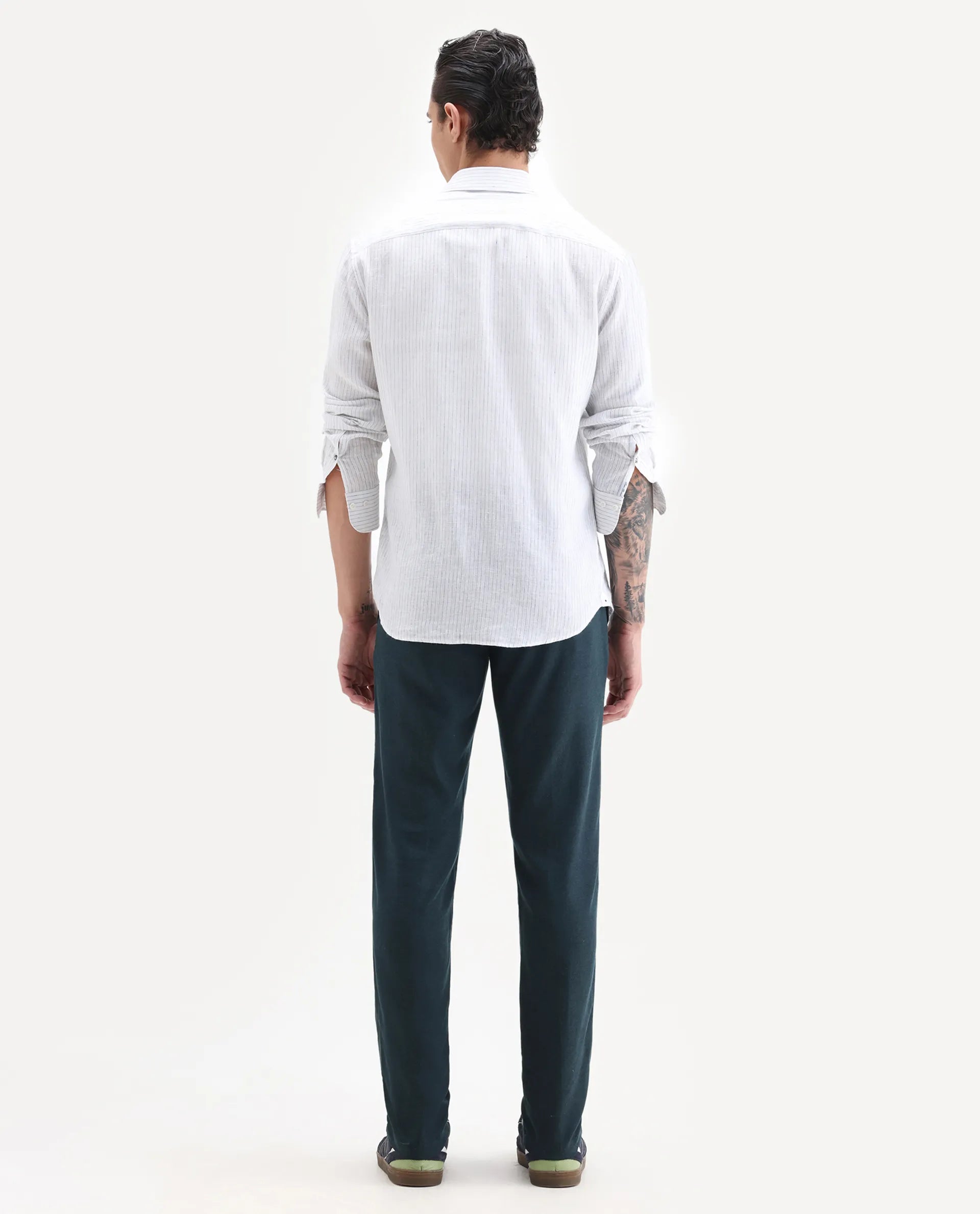 Rare Rabbit Men's Cameo Navy Linen Plain Regular Fit Trouser