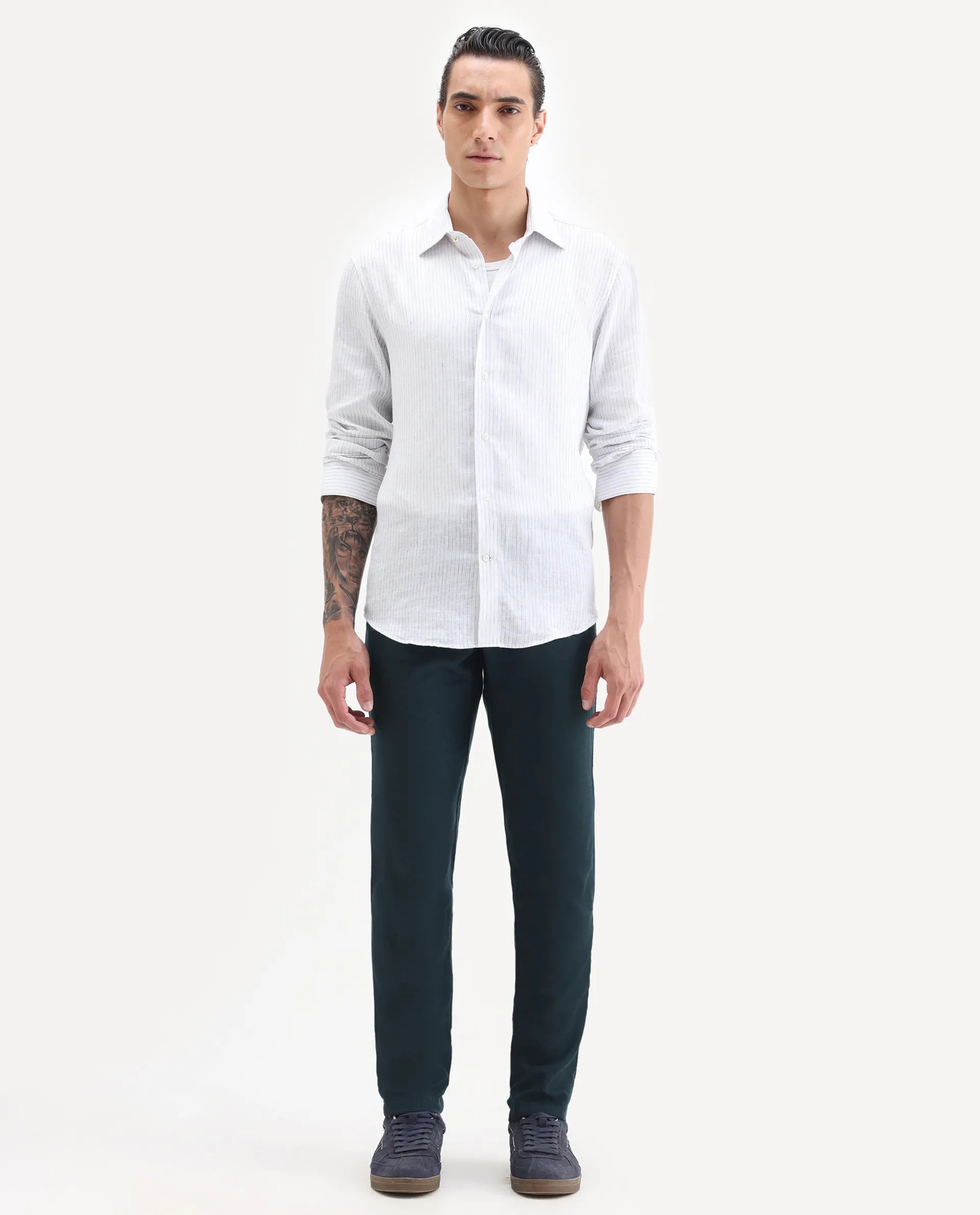 Rare Rabbit Men's Cameo Navy Linen Plain Regular Fit Trouser