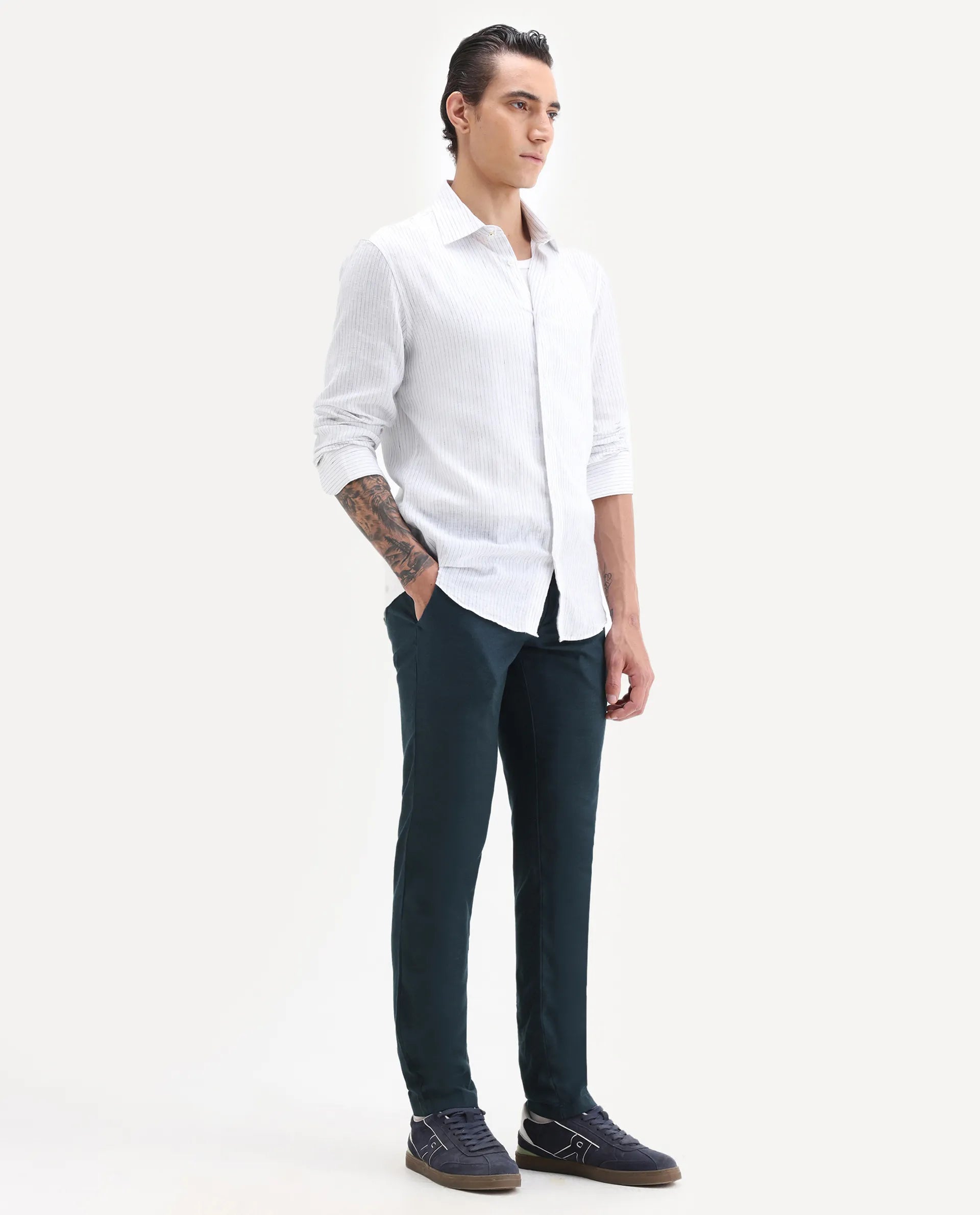 Rare Rabbit Men's Cameo Navy Linen Plain Regular Fit Trouser