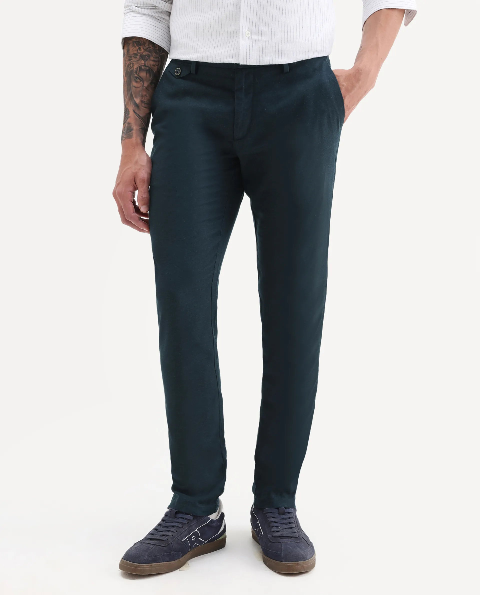 Rare Rabbit Men's Cameo Navy Linen Plain Regular Fit Trouser