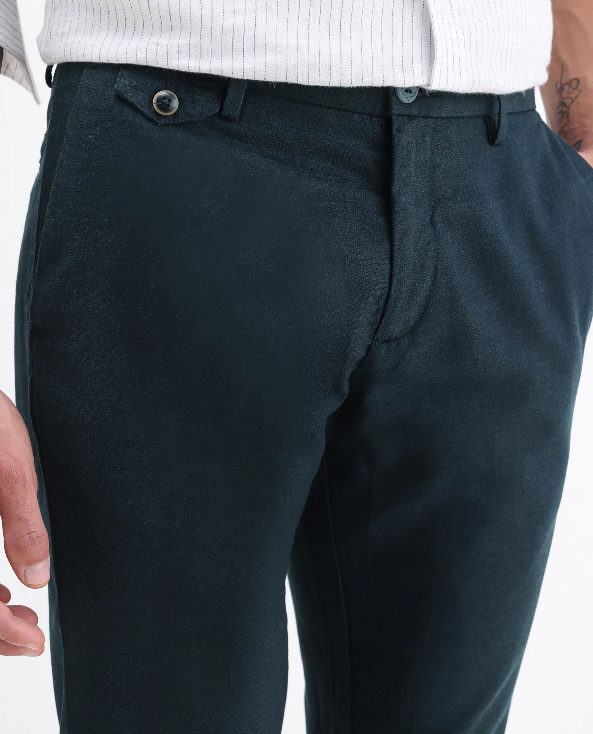 Rare Rabbit Men's Cameo Navy Linen Plain Regular Fit Trouser