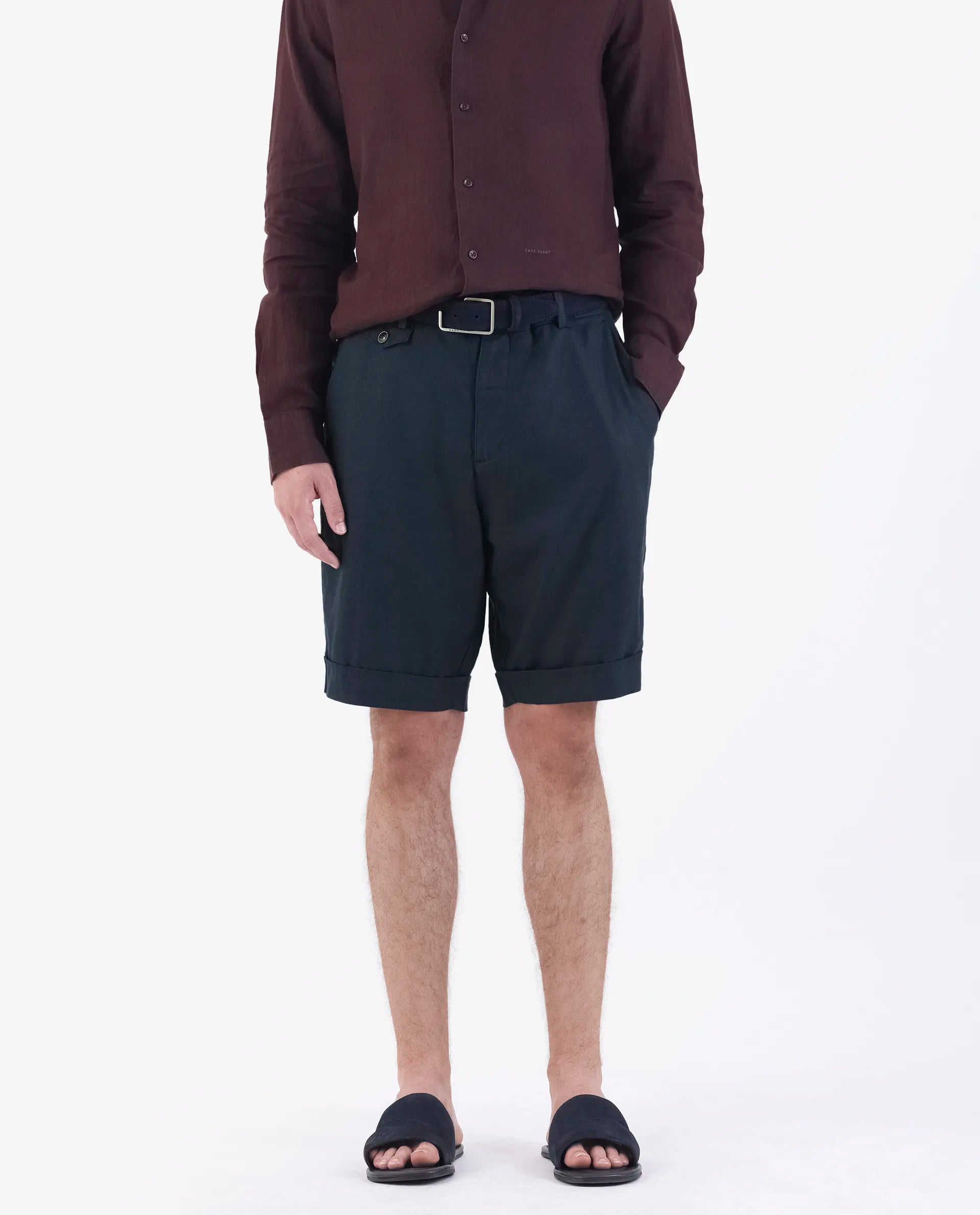 Rare Rabbit Men's Camer Navy 100% Linen Plain Regular Fit Shorts