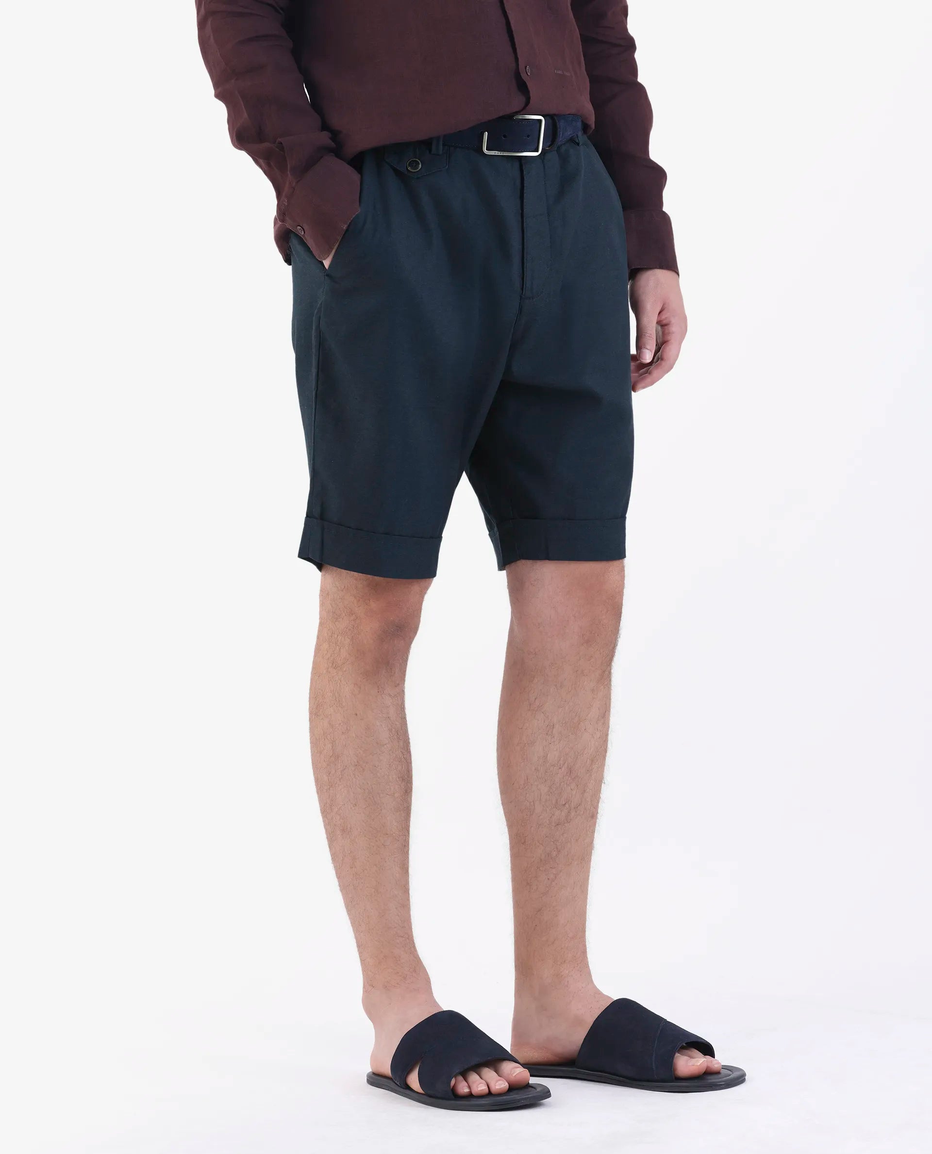 Rare Rabbit Men's Camer Navy 100% Linen Plain Regular Fit Shorts