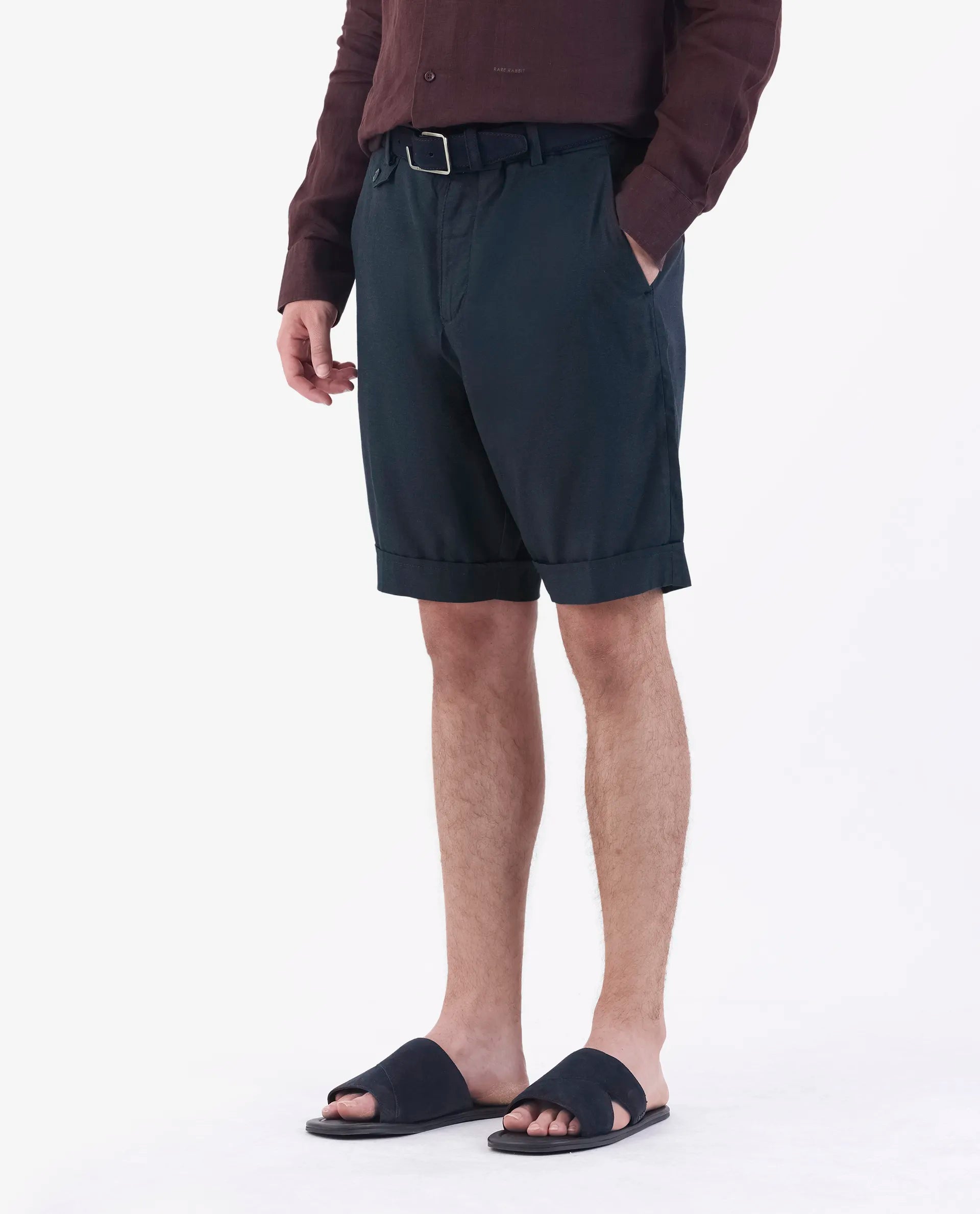 Rare Rabbit Men's Camer Navy 100% Linen Plain Regular Fit Shorts