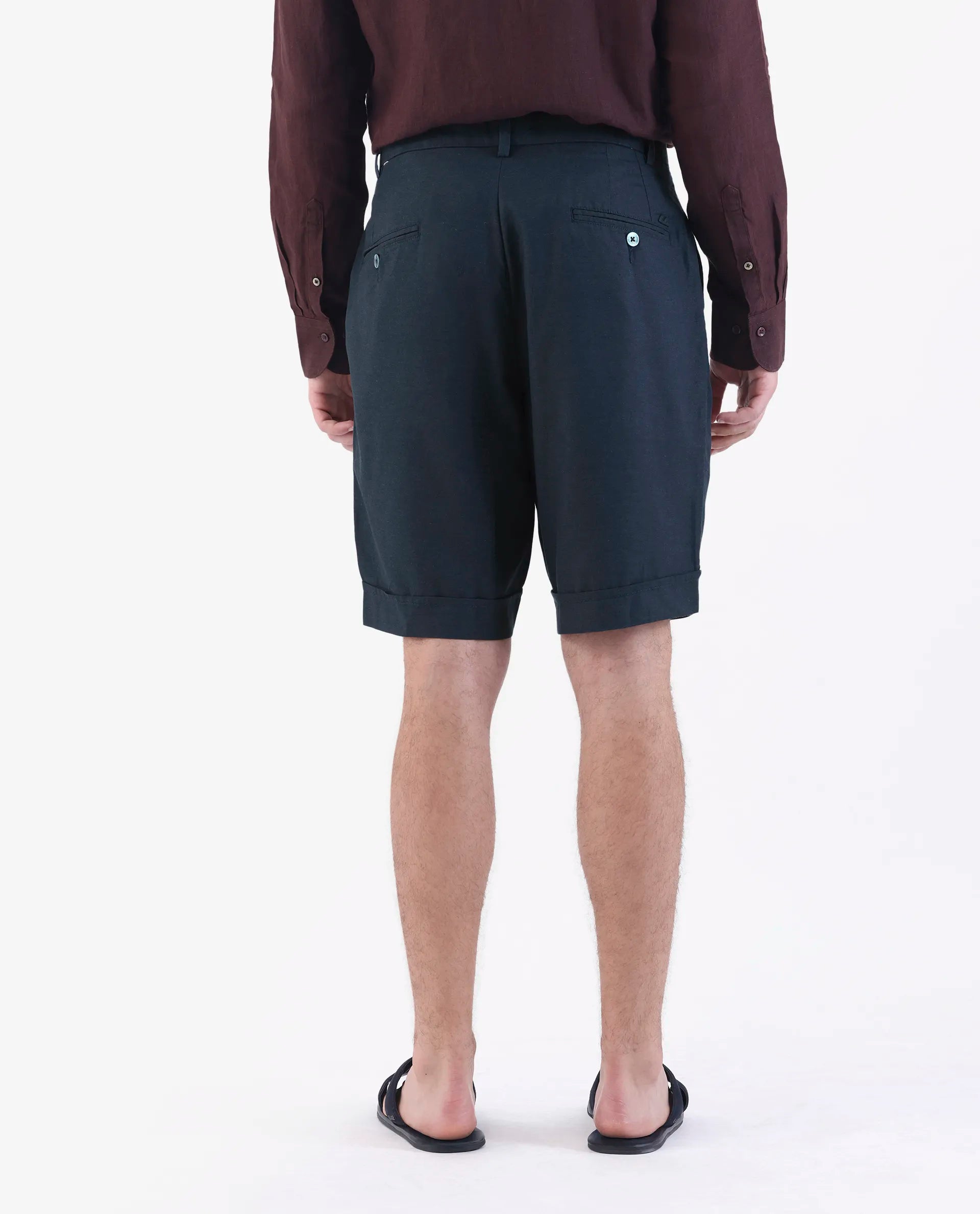 Rare Rabbit Men's Camer Navy 100% Linen Plain Regular Fit Shorts