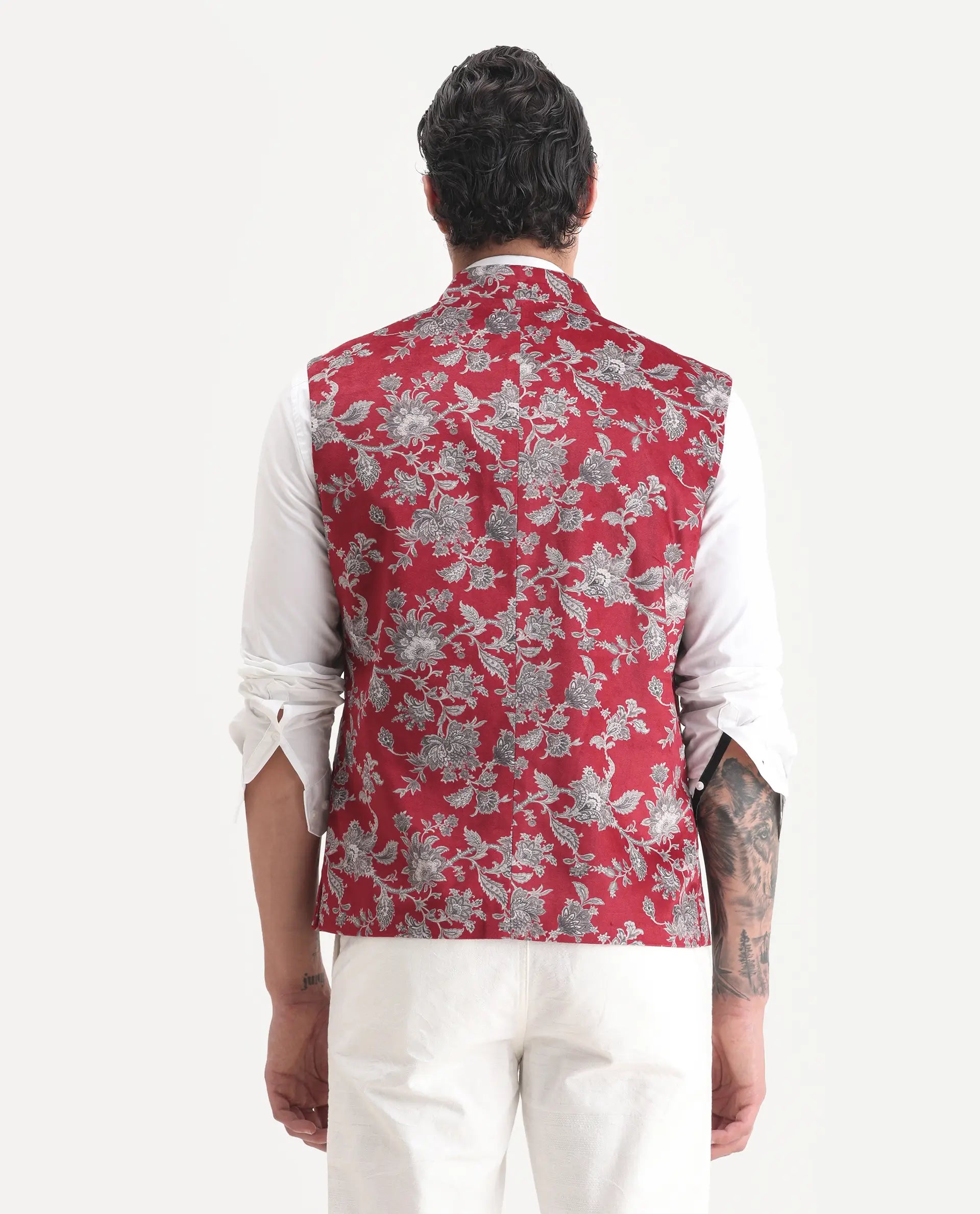 Rare Rabbit Men's Camero Dark Red Velvet Floral Print Tailored Fit Sleeveless Mandarin Collar Bandhgala