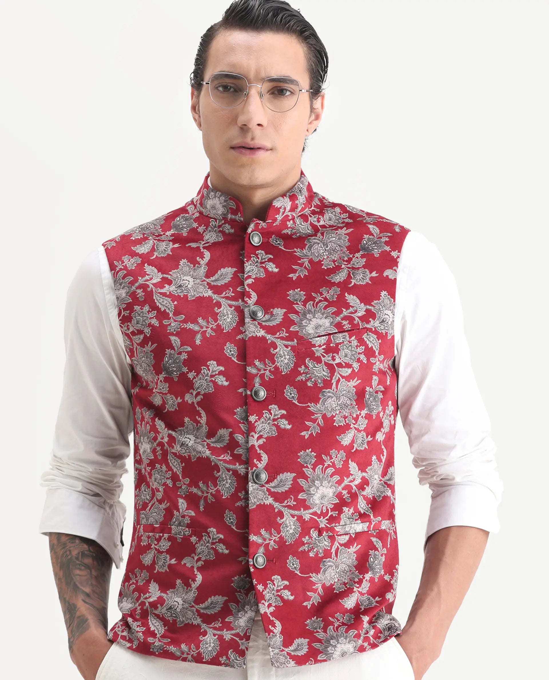 Rare Rabbit Men's Camero Dark Red Velvet Floral Print Tailored Fit Sleeveless Mandarin Collar Bandhgala