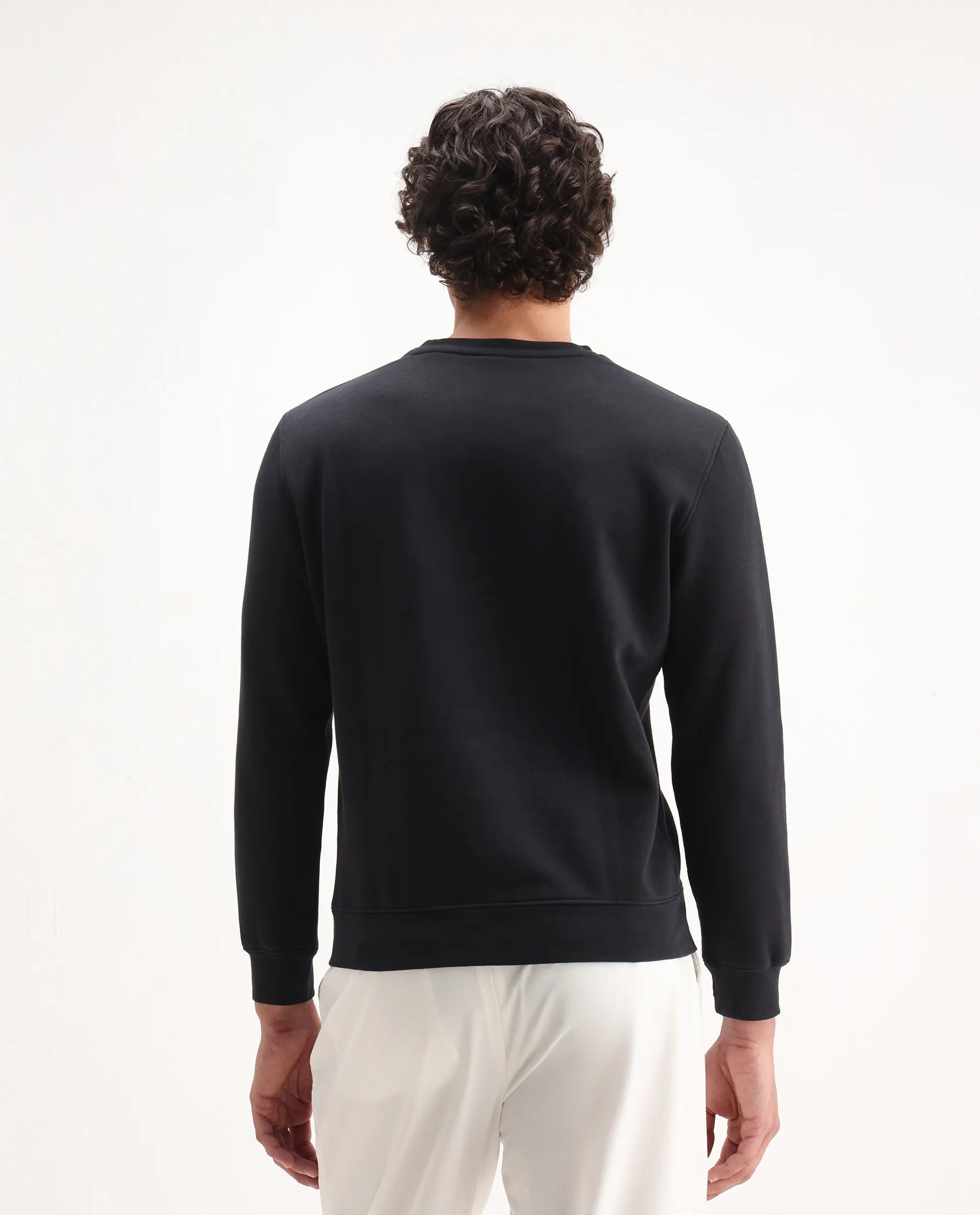 Rare Rabbit Men's Camisa Black Cotton Embroidered Regular Fit Full Sleeve Crew Neck Sweatshirt