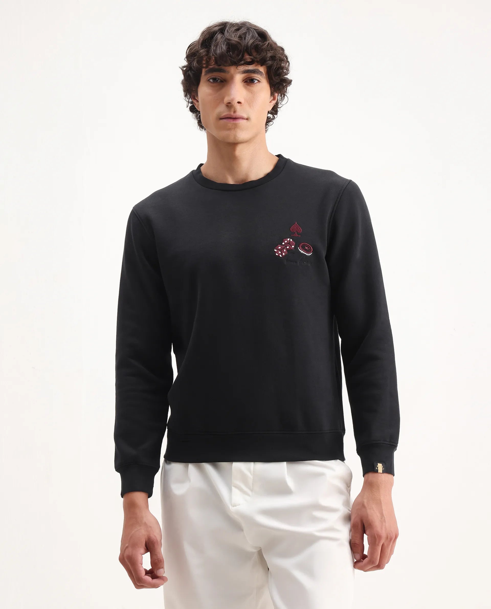 Rare Rabbit Men's Camisa Black Cotton Embroidered Regular Fit Full Sleeve Crew Neck Sweatshirt