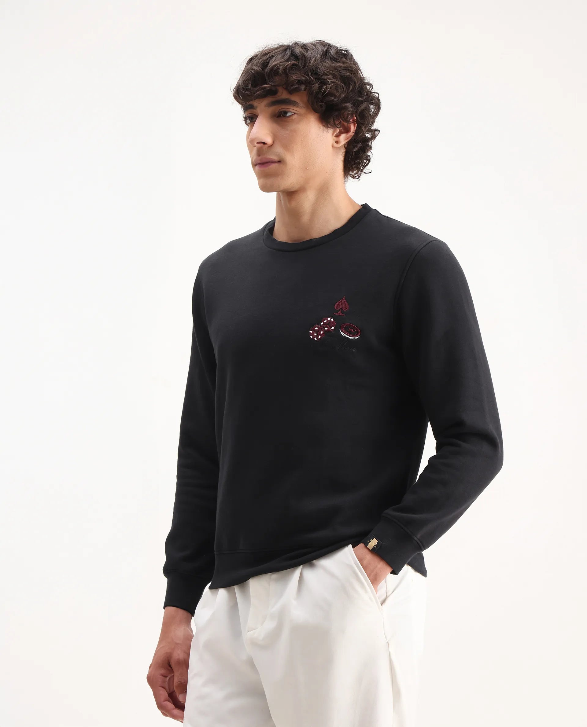 Rare Rabbit Men's Camisa Black Cotton Embroidered Regular Fit Full Sleeve Crew Neck Sweatshirt