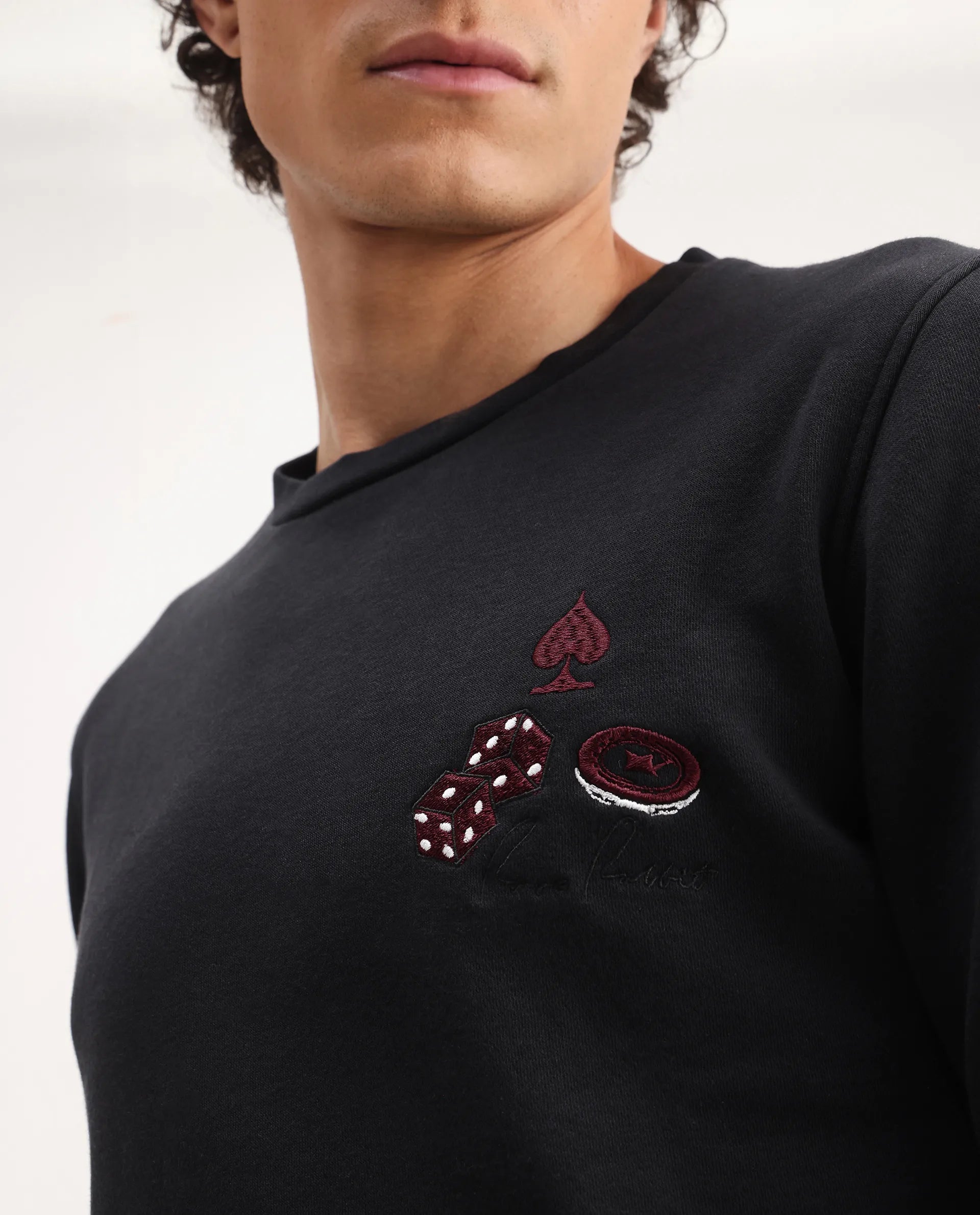 Rare Rabbit Men's Camisa Black Cotton Embroidered Regular Fit Full Sleeve Crew Neck Sweatshirt