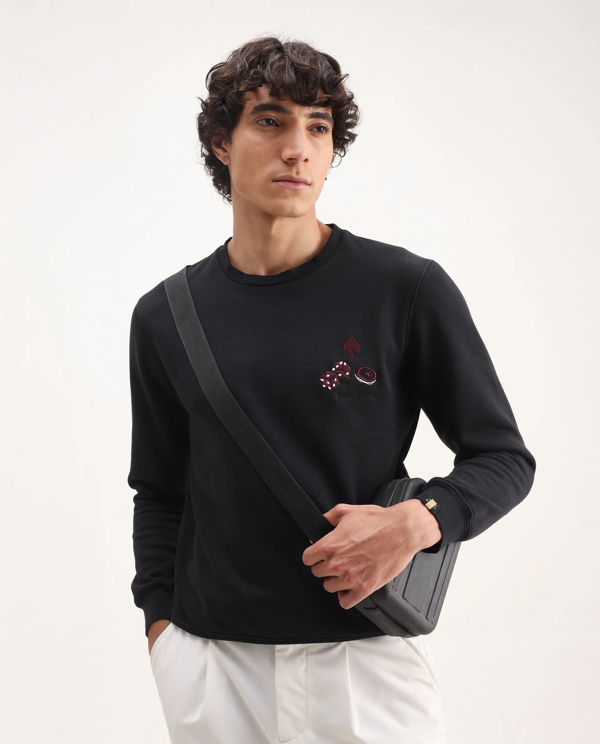 Rare Rabbit Men's Camisa Black Cotton Embroidered Regular Fit Full Sleeve Crew Neck Sweatshirt