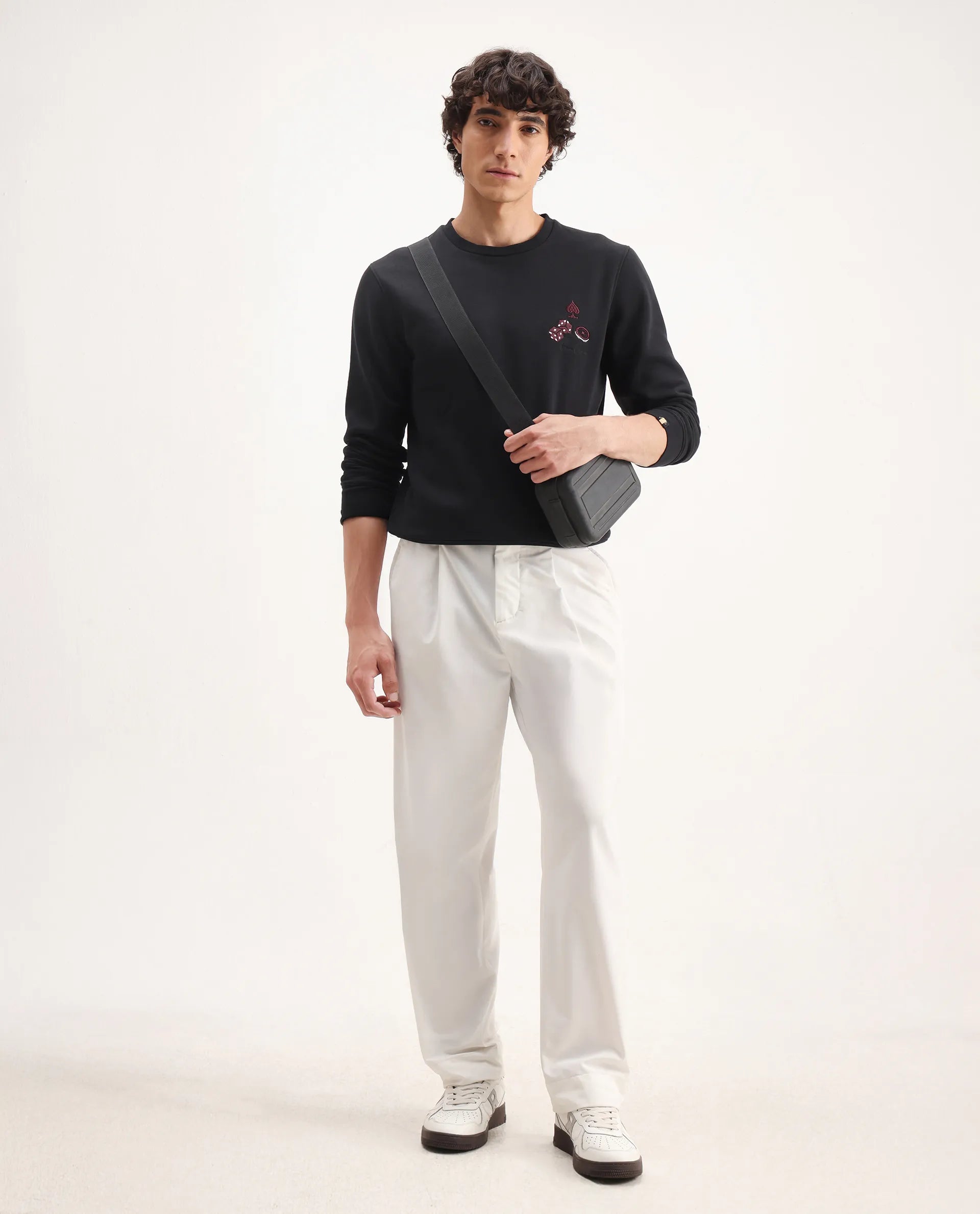 Rare Rabbit Men's Camisa Black Cotton Embroidered Regular Fit Full Sleeve Crew Neck Sweatshirt