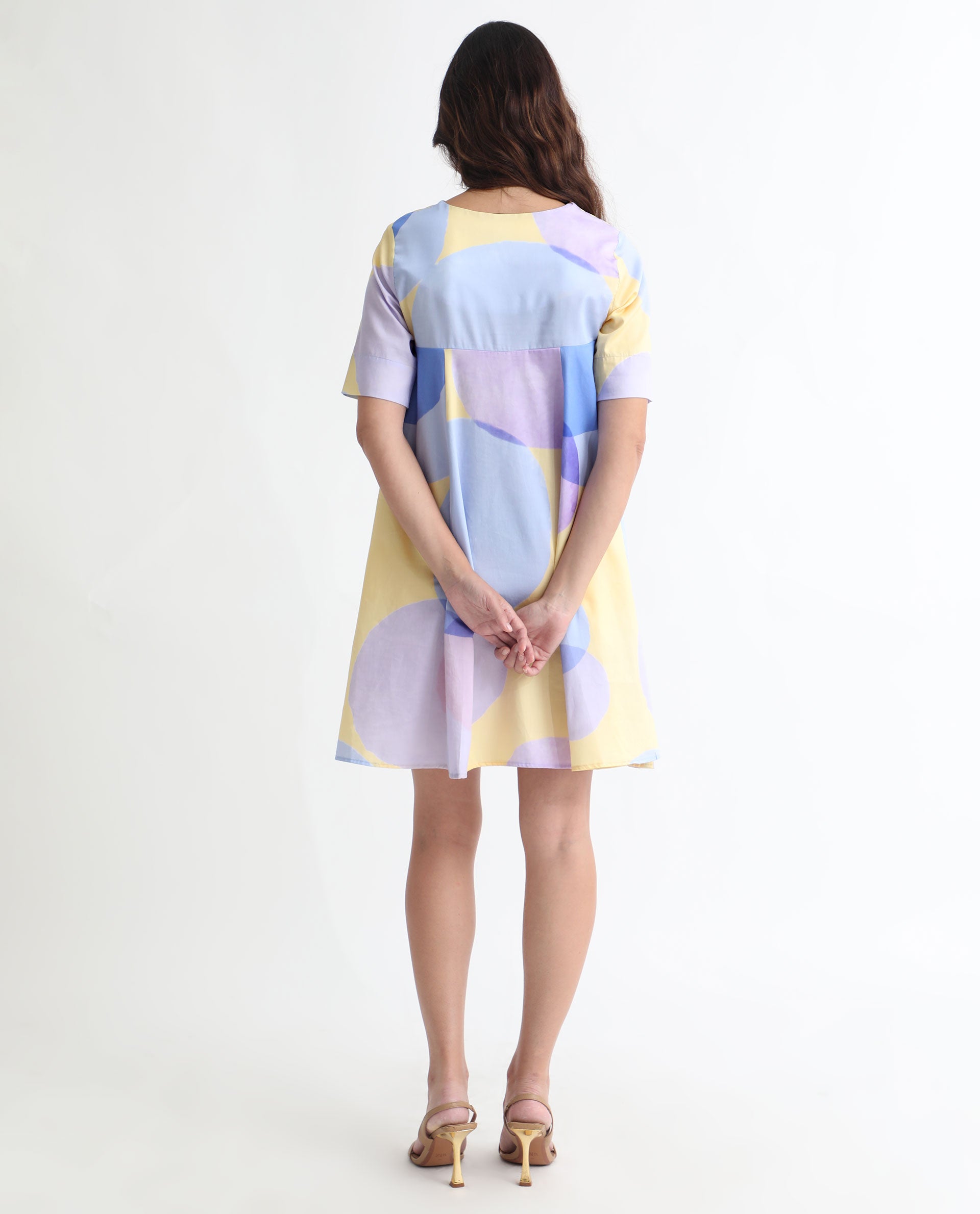 Rareism Women Campbell Yellow Cotton Fabric Short Sleeves Over Lap Flared Fit Abstract Print Knee Length Empire Dress