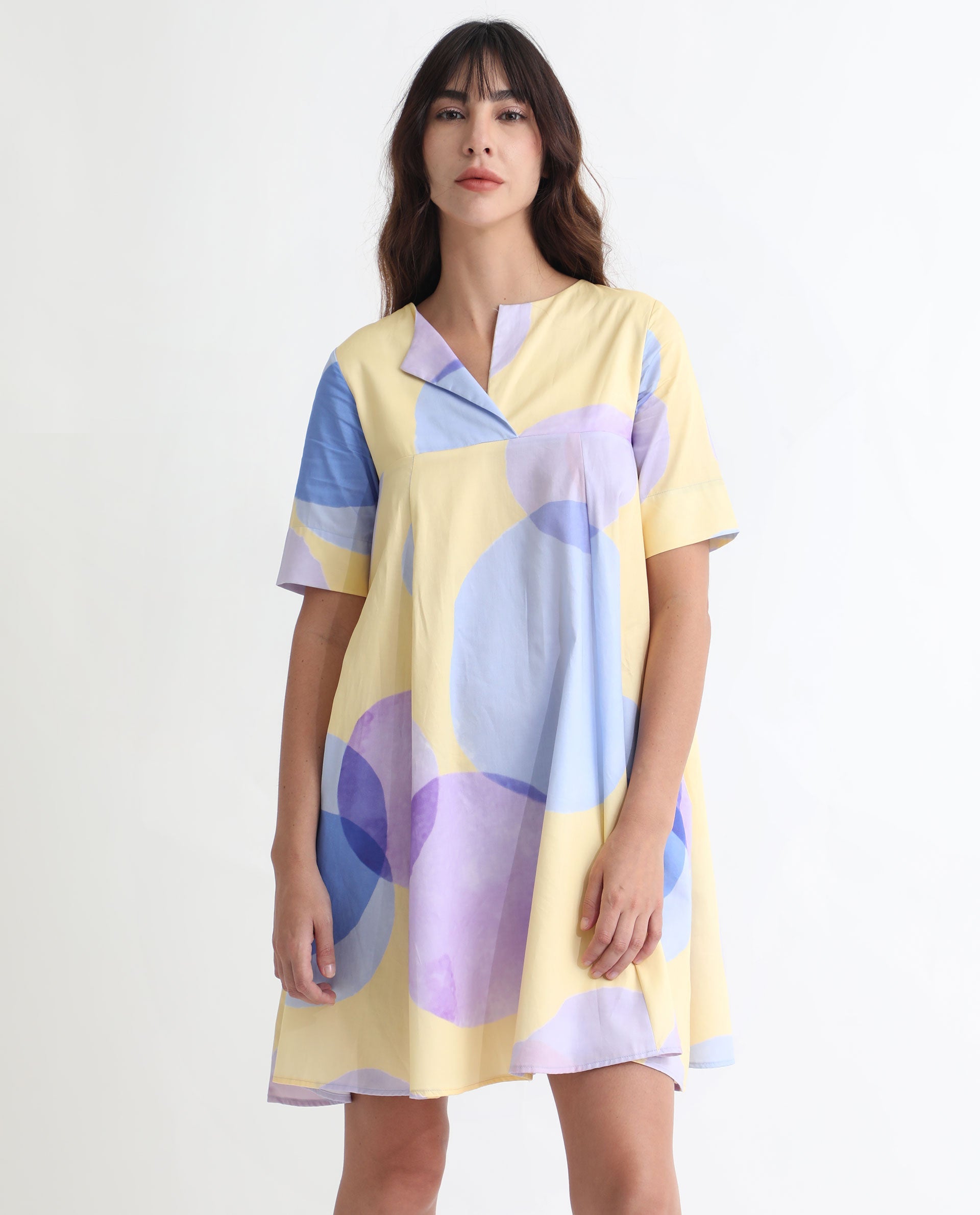 Rareism Women Campbell Yellow Cotton Fabric Short Sleeves Over Lap Flared Fit Abstract Print Knee Length Empire Dress
