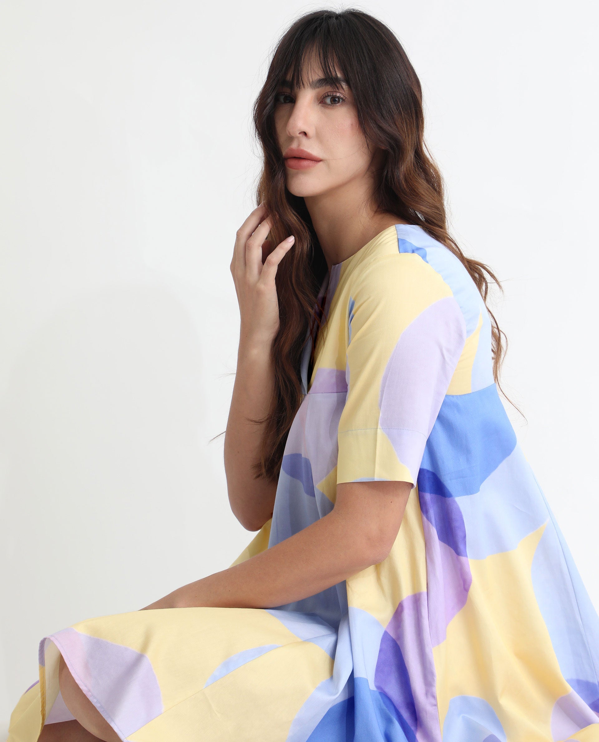 Rareism Women Campbell Yellow Cotton Fabric Short Sleeves Over Lap Flared Fit Abstract Print Knee Length Empire Dress