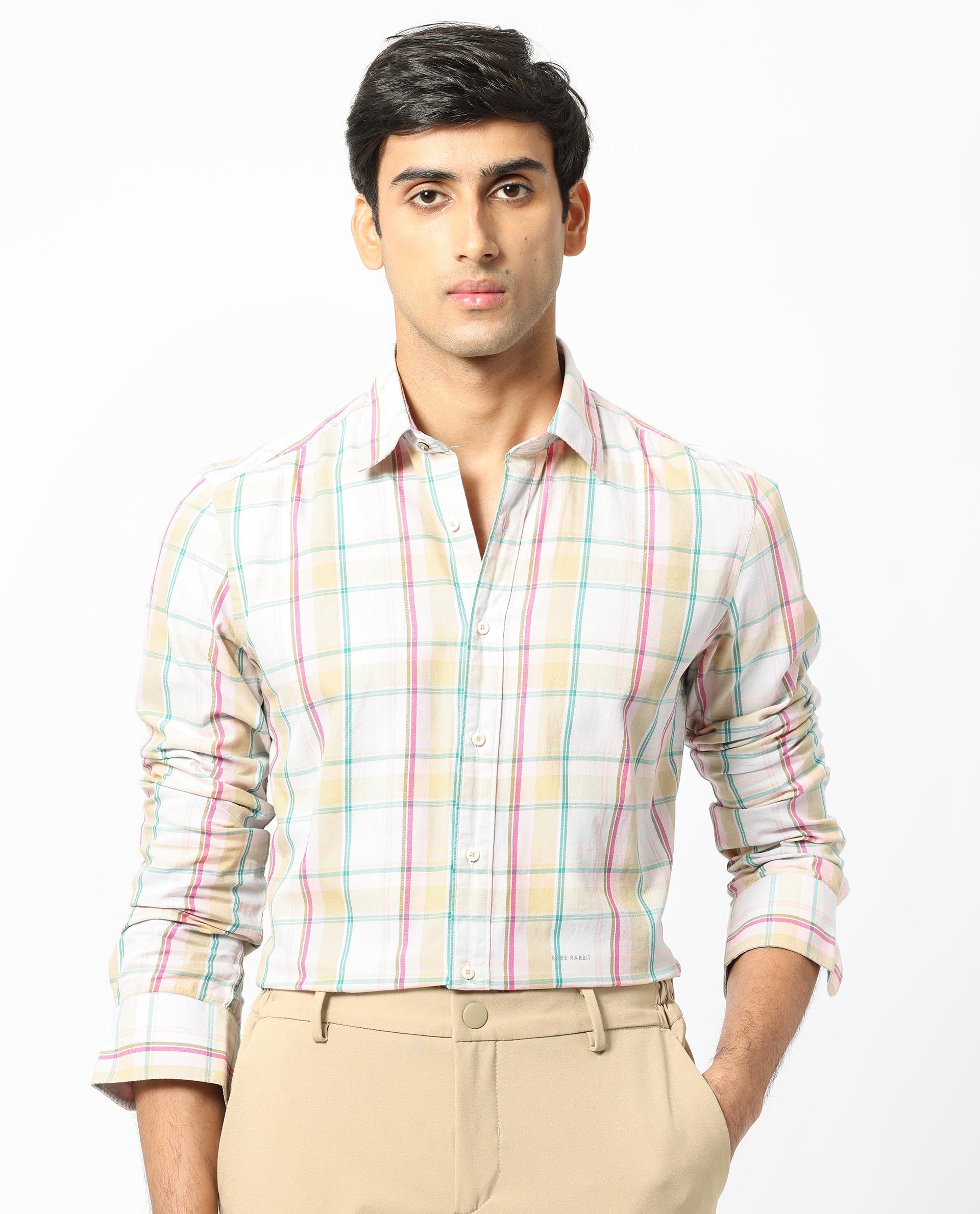 Rare Rabbit Men's Campo Pink Cotton Fabric Full Sleeves Checks Shirt