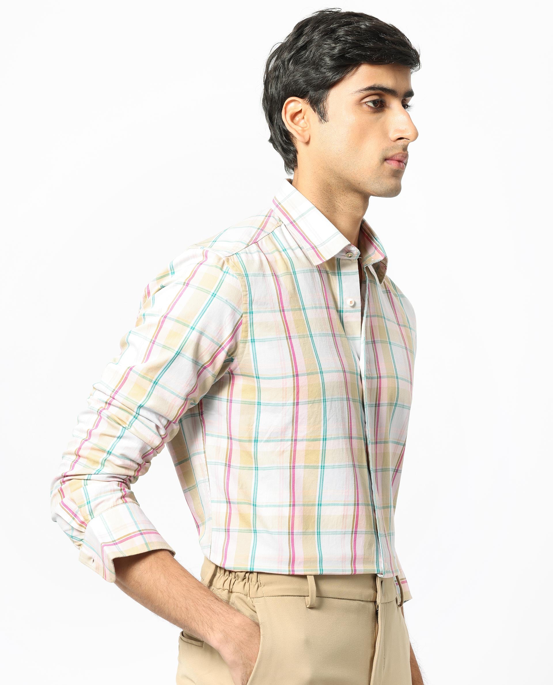 Rare Rabbit Men's Campo Pink Cotton Fabric Full Sleeves Checks Shirt