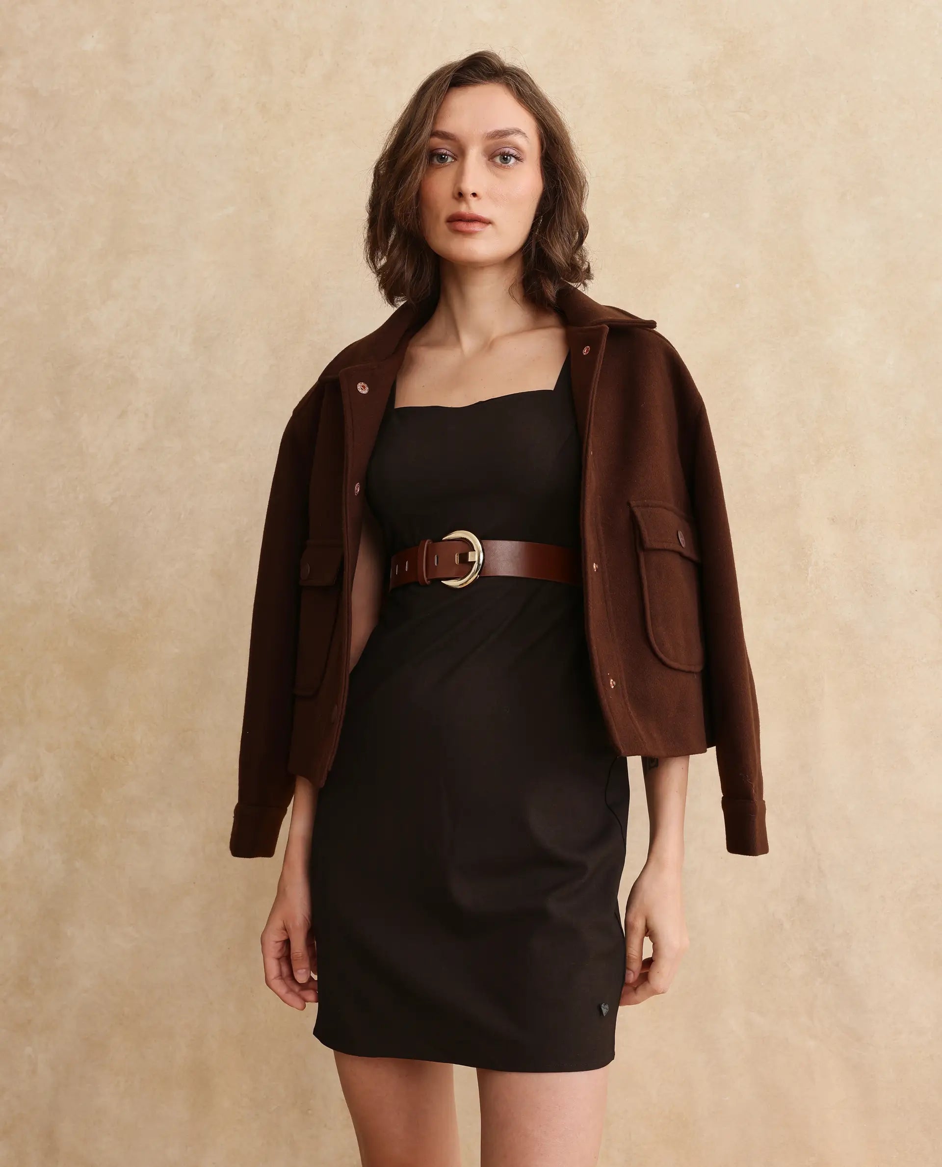 Rareism Women's Canakkale Brown Polyester Blend Fabric Sweetheart Neck Plain Straight Fit Mini Dress