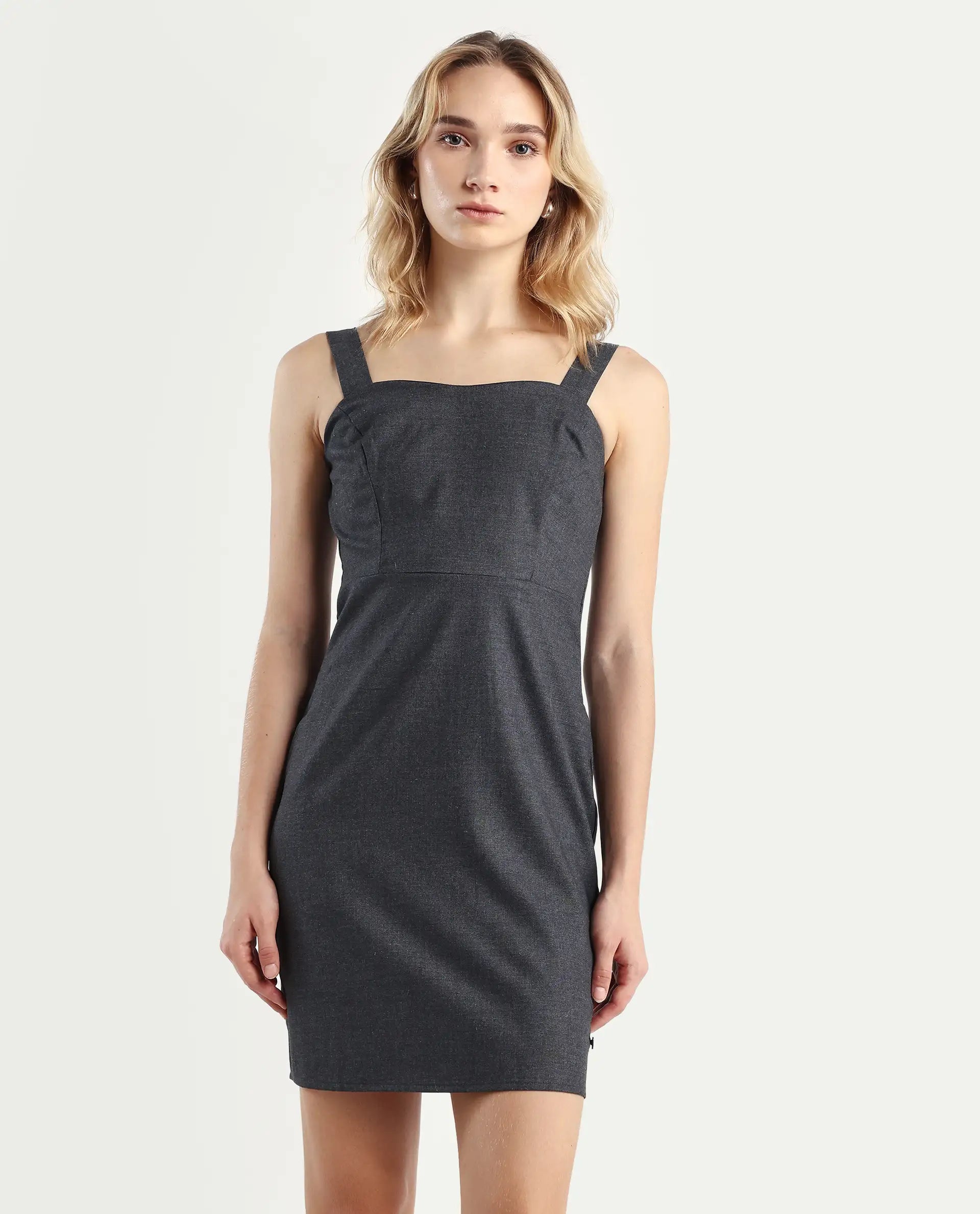 Rareism Women's Canakkale Grey Cotton Blend Sweetheart Neck Plain Sleeveless Mini Straight Fit Dress