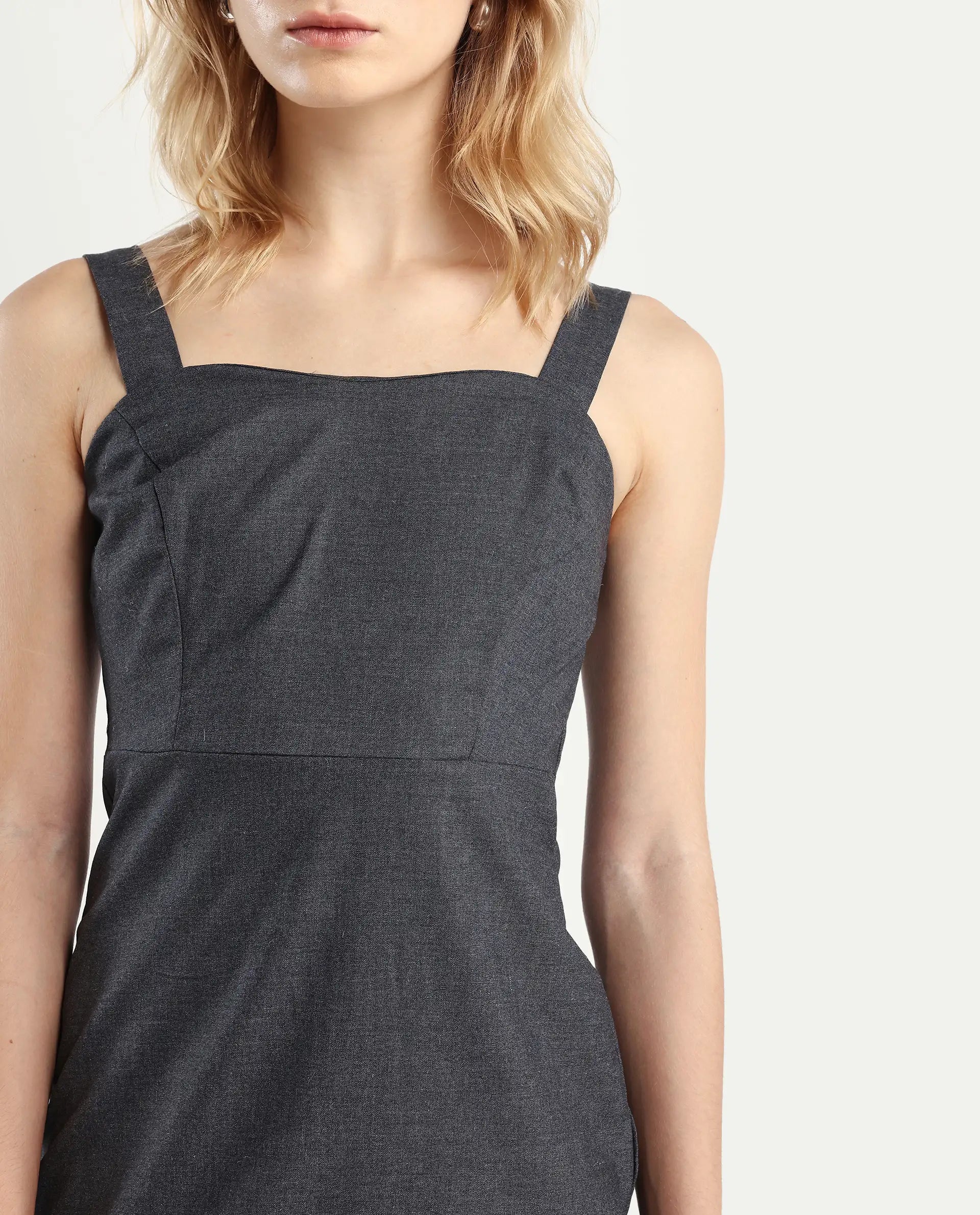 Rareism Women's Canakkale Grey Cotton Blend Sweetheart Neck Plain Sleeveless Mini Straight Fit Dress