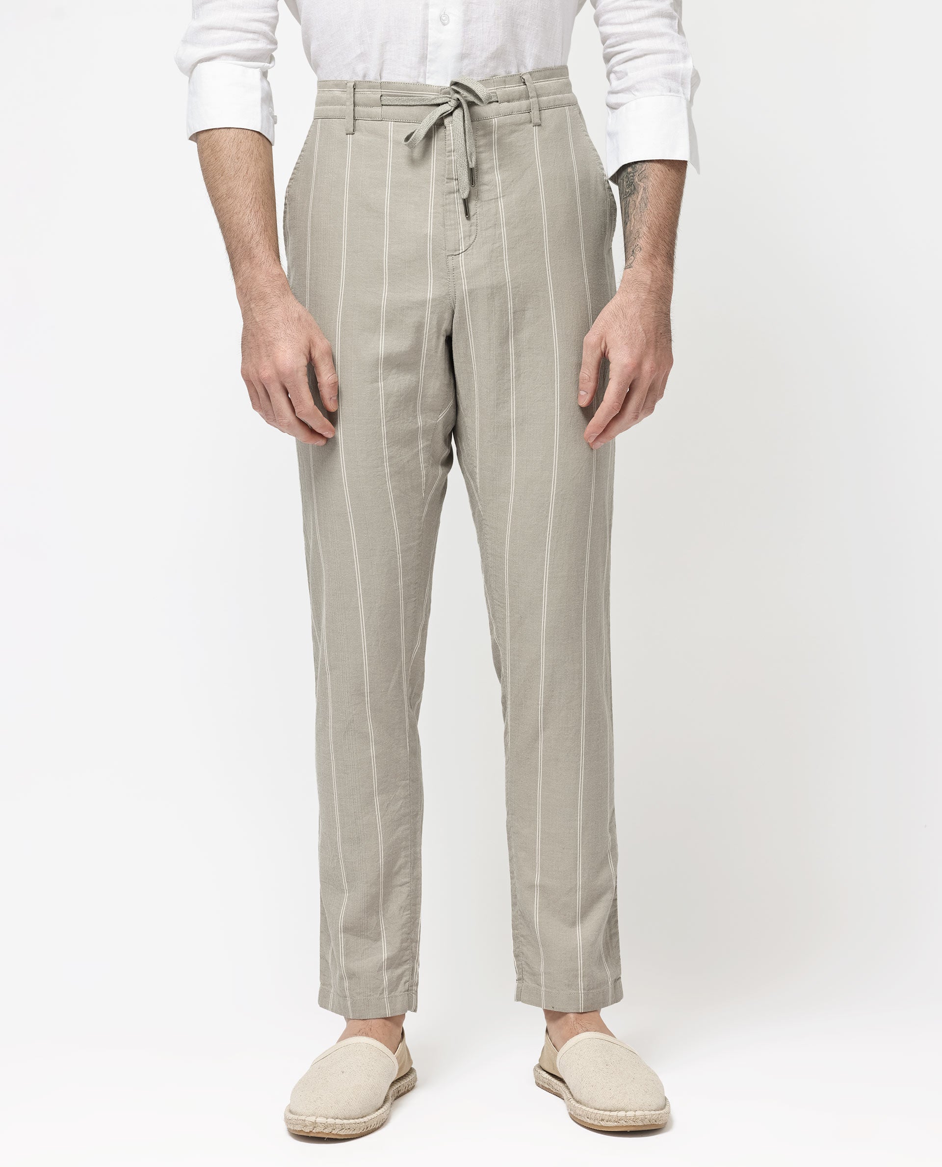 Rare Rabbit Mens Canal Grey Cotton Stripe Drawstring Trouser