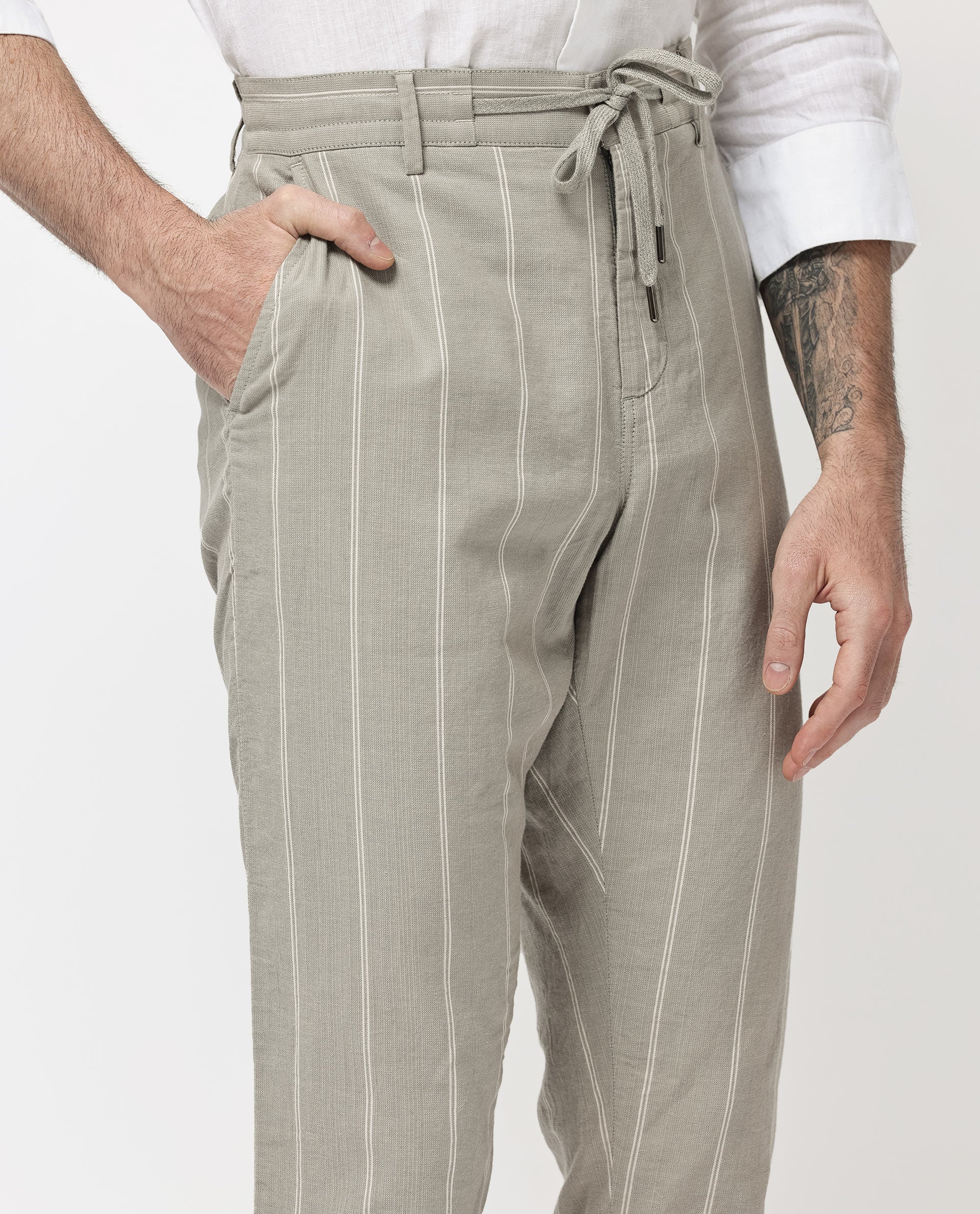 Rare Rabbit Mens Canal Grey Cotton Stripe Drawstring Trouser