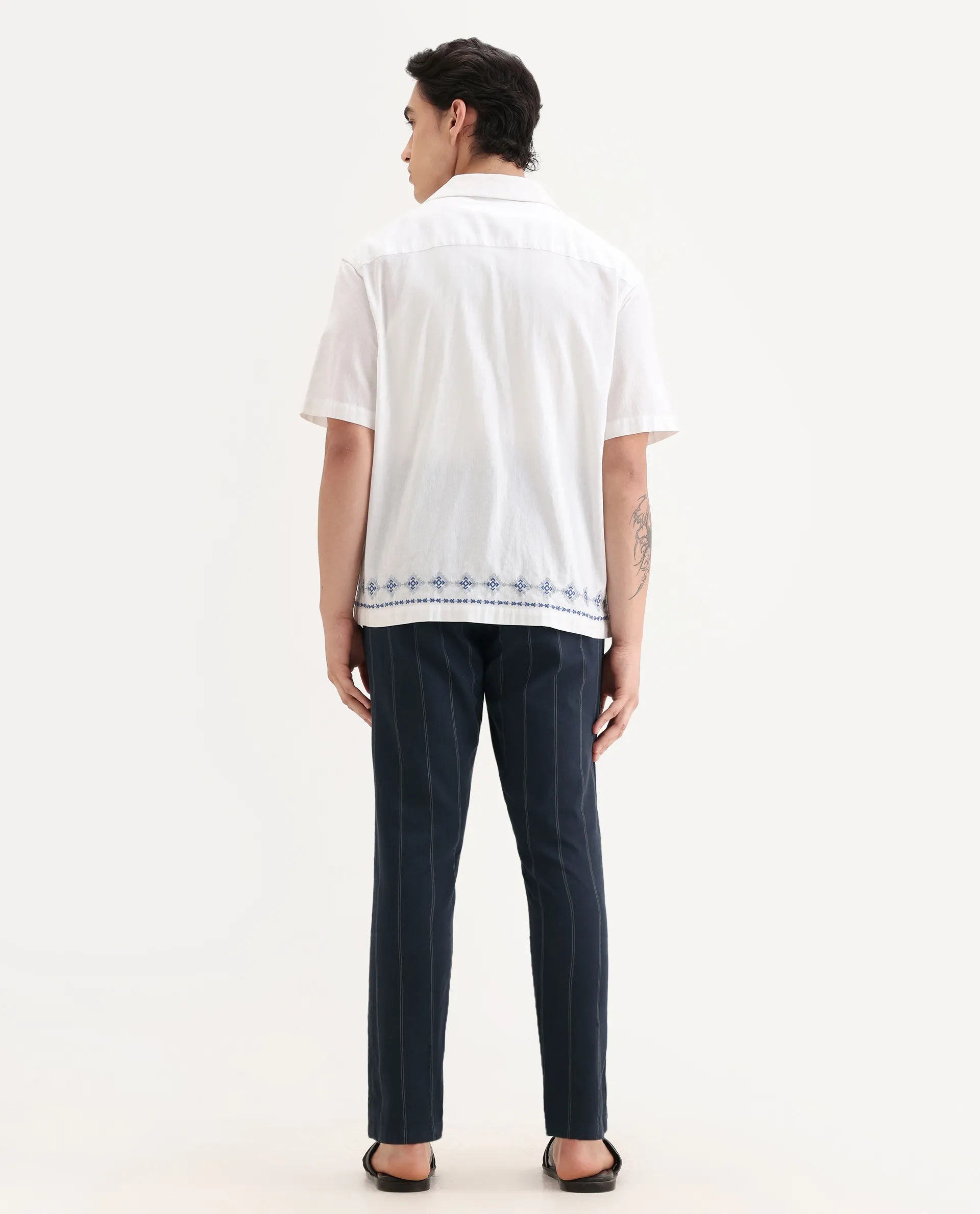 Rare Rabbit Men's Canal Navy Cotton Striped Print Regular Fit Trouser