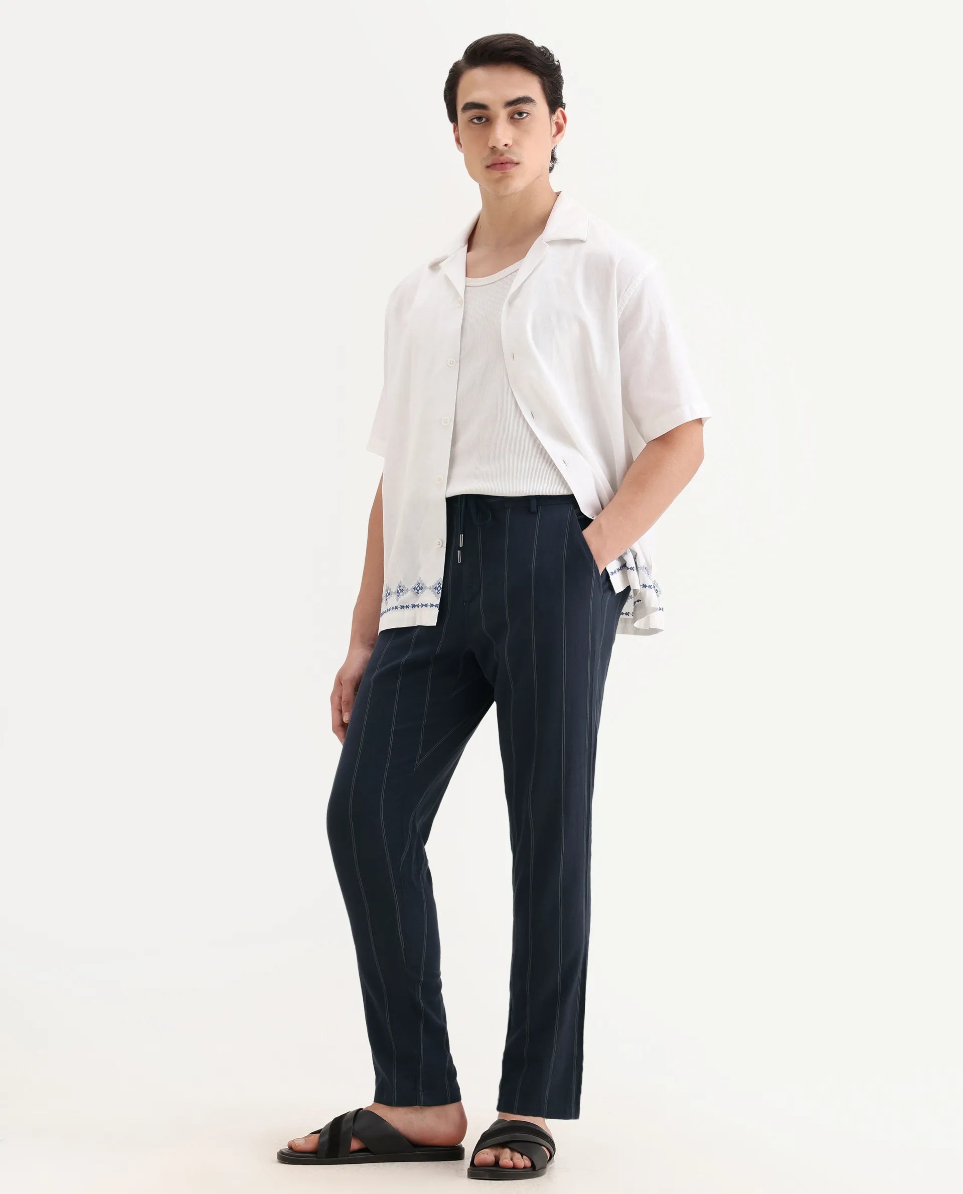 Rare Rabbit Men's Canal Navy Cotton Striped Print Regular Fit Trouser