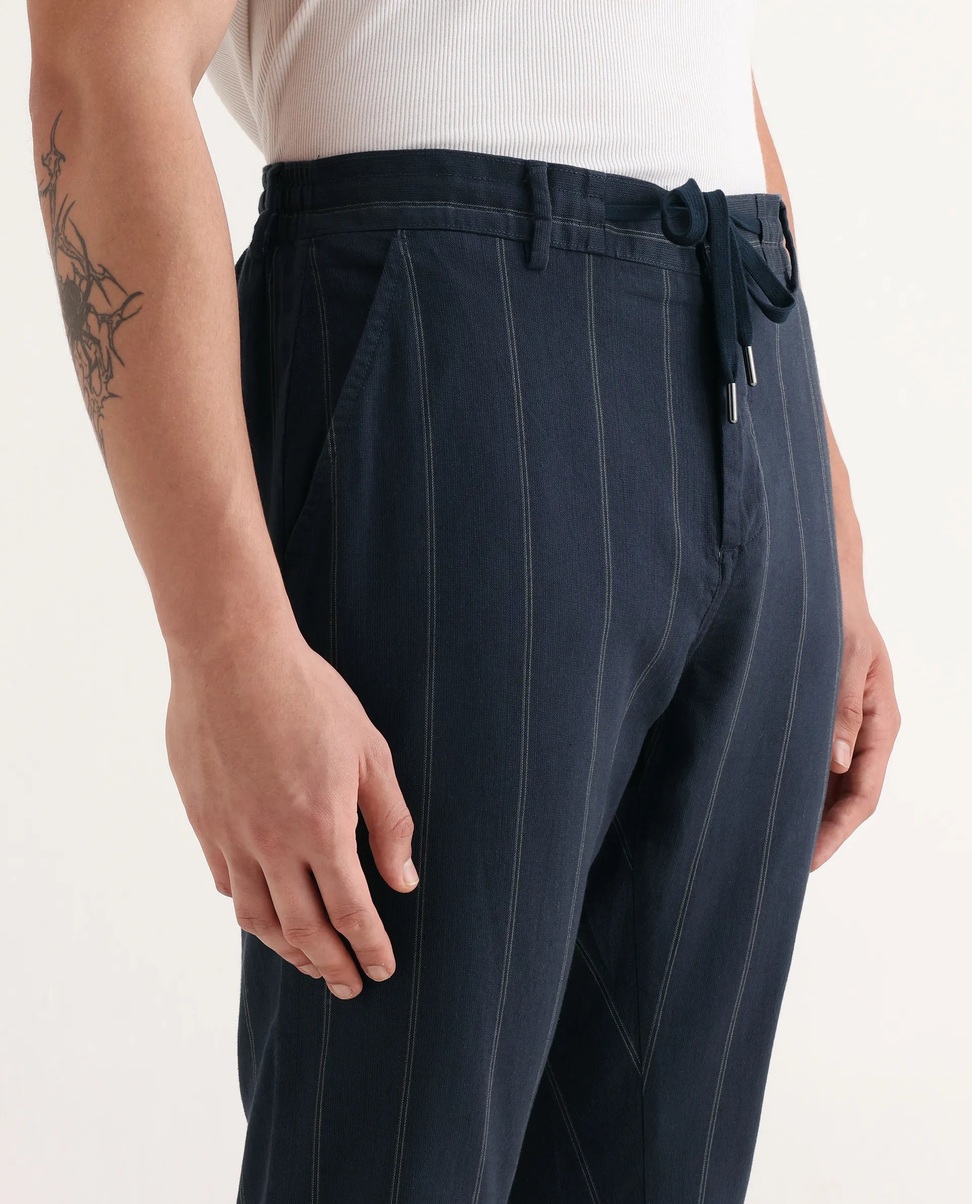 Rare Rabbit Men's Canal Navy Cotton Striped Print Regular Fit Trouser