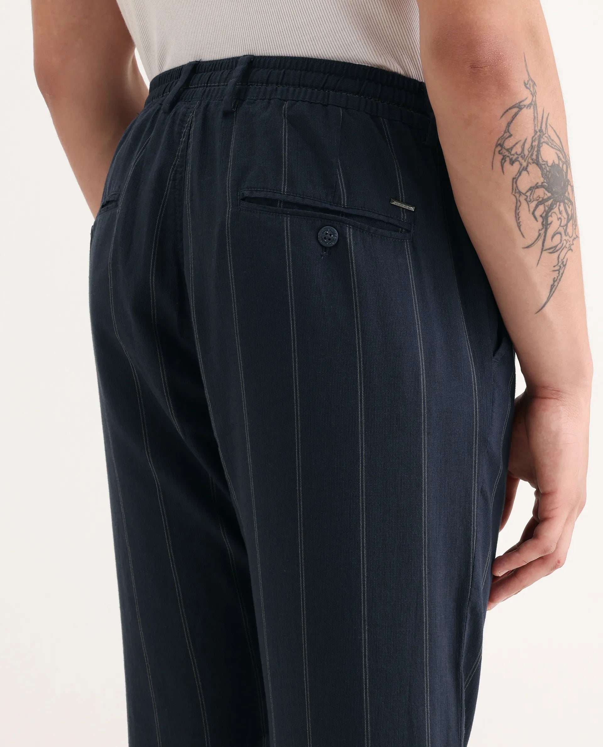 Rare Rabbit Men's Canal Navy Cotton Striped Print Regular Fit Trouser