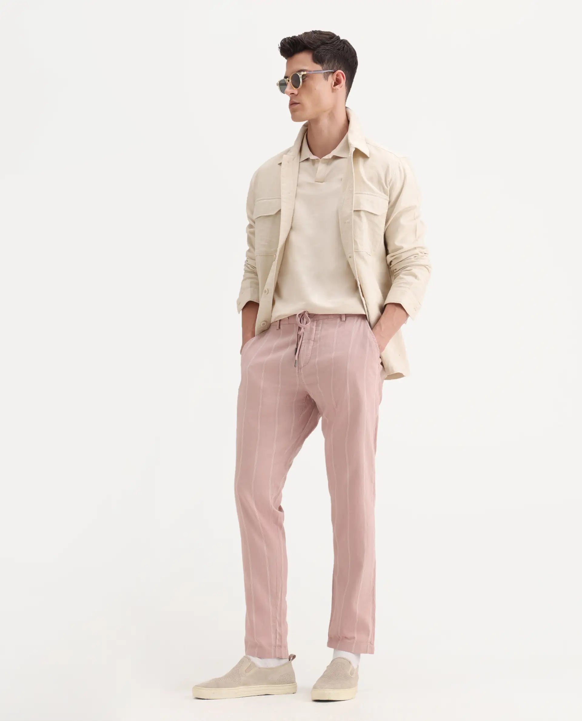 Rare Rabbit Men's Canal Grey Cotton Striped Print Regular Fit Trouser