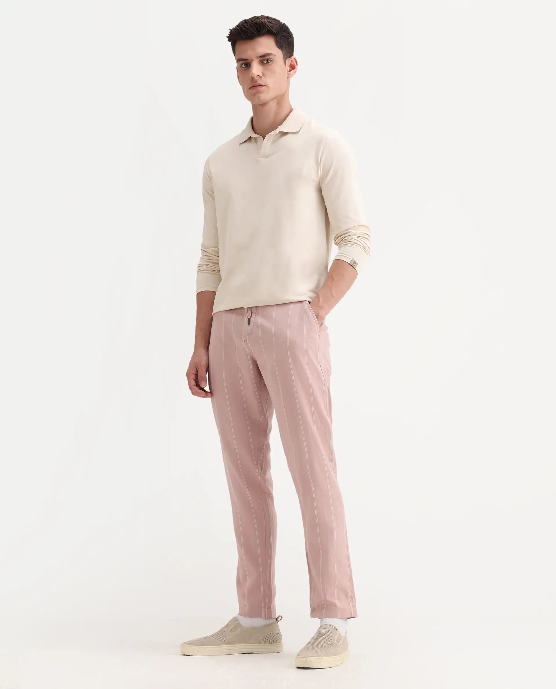 Rare Rabbit Men's Canal Grey Cotton Striped Print Regular Fit Trouser