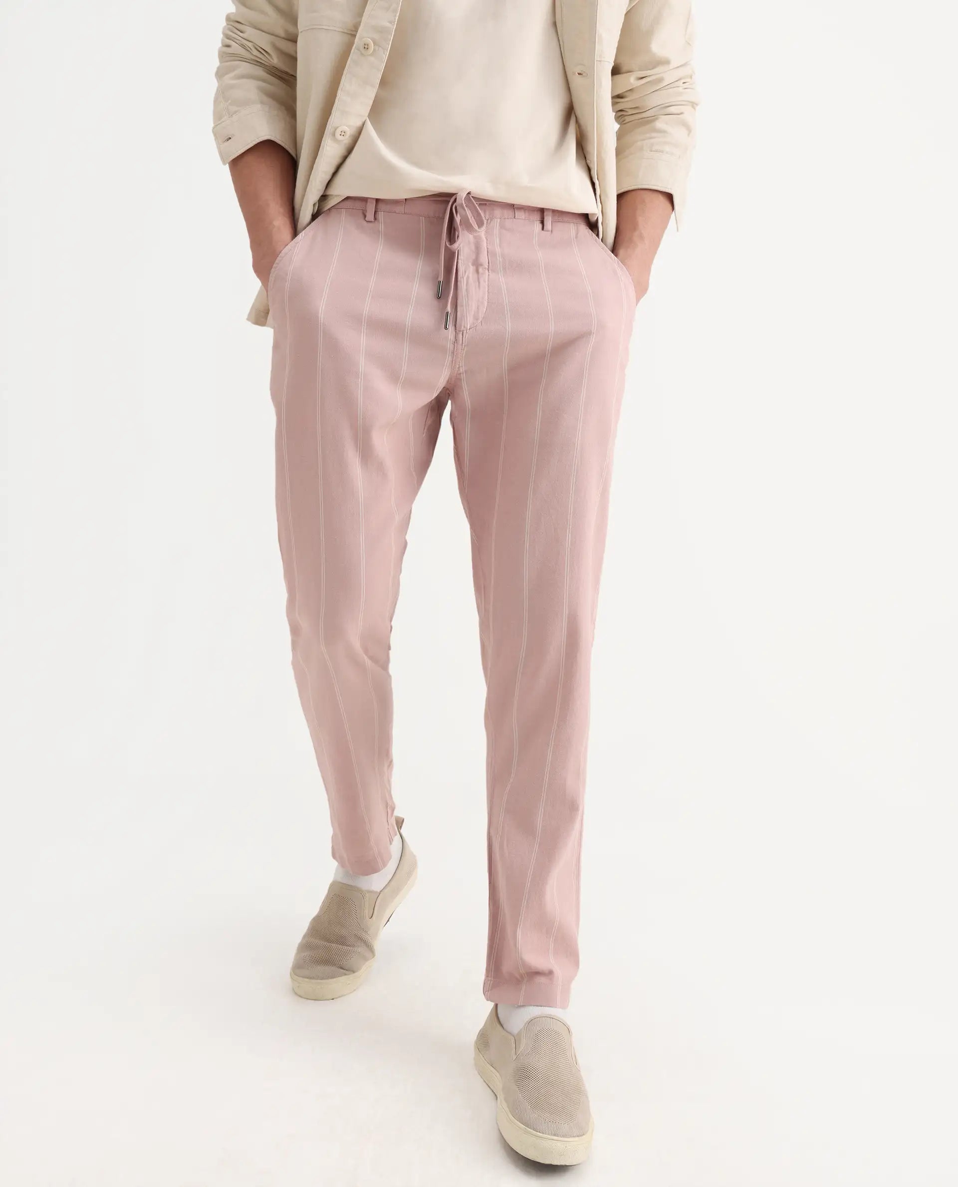 Rare Rabbit Men's Canal Grey Cotton Striped Print Regular Fit Trouser