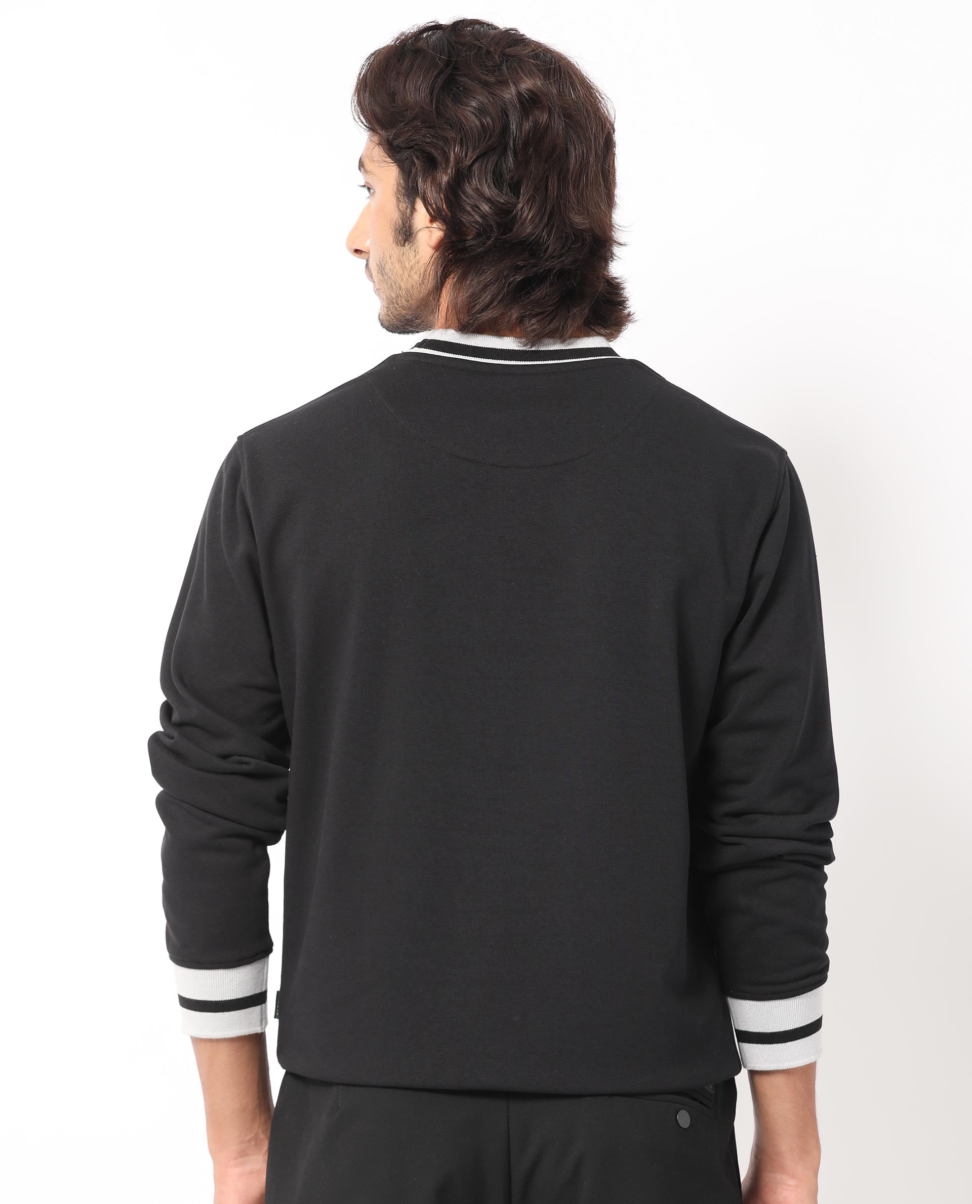 Rare Rabbit Men's Cancet Black Cotton Polyester Fabric Full Sleeves Contrast Stripe Detail Sweatshirt