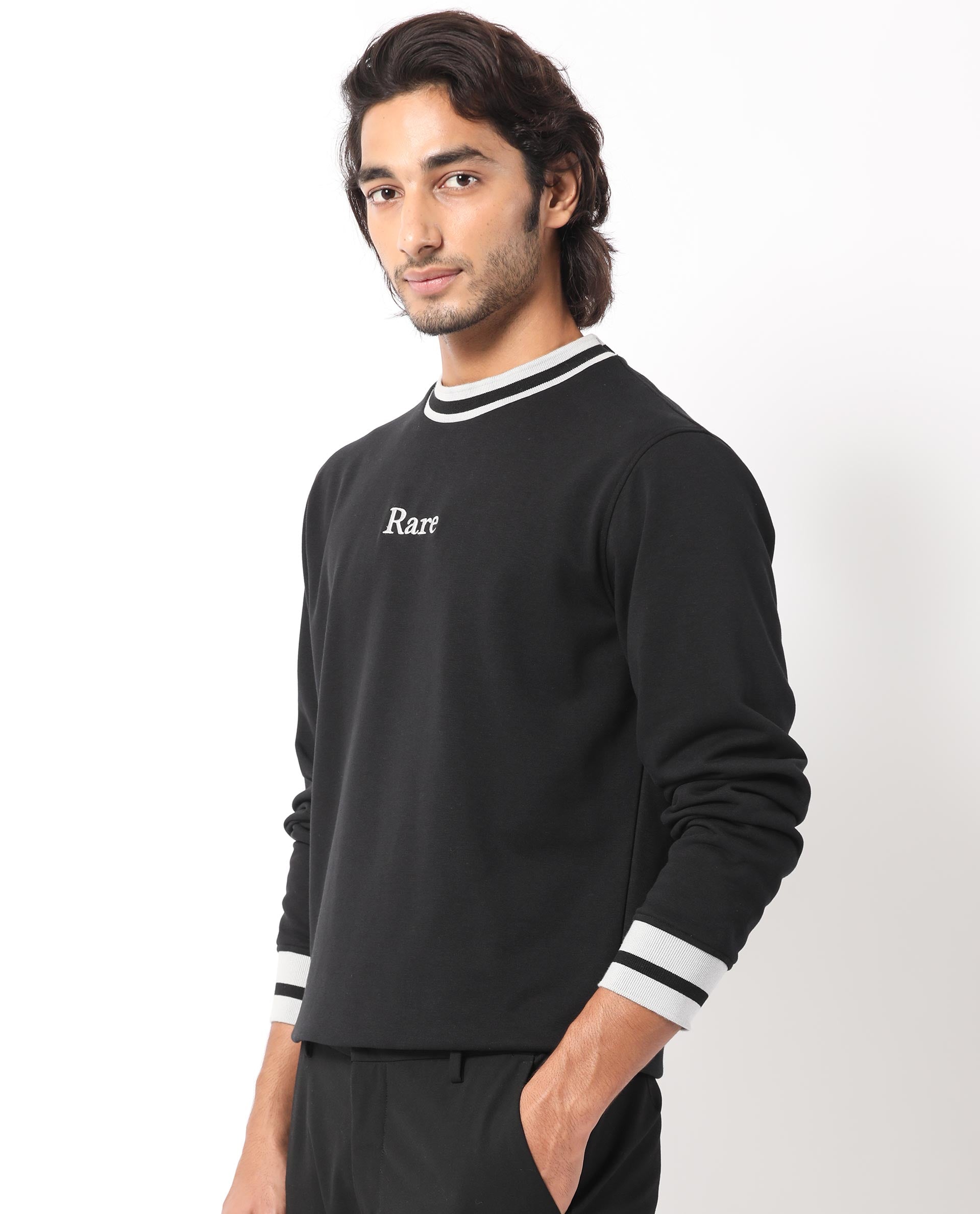 Rare Rabbit Men's Cancet Black Cotton Polyester Fabric Full Sleeves Contrast Stripe Detail Sweatshirt
