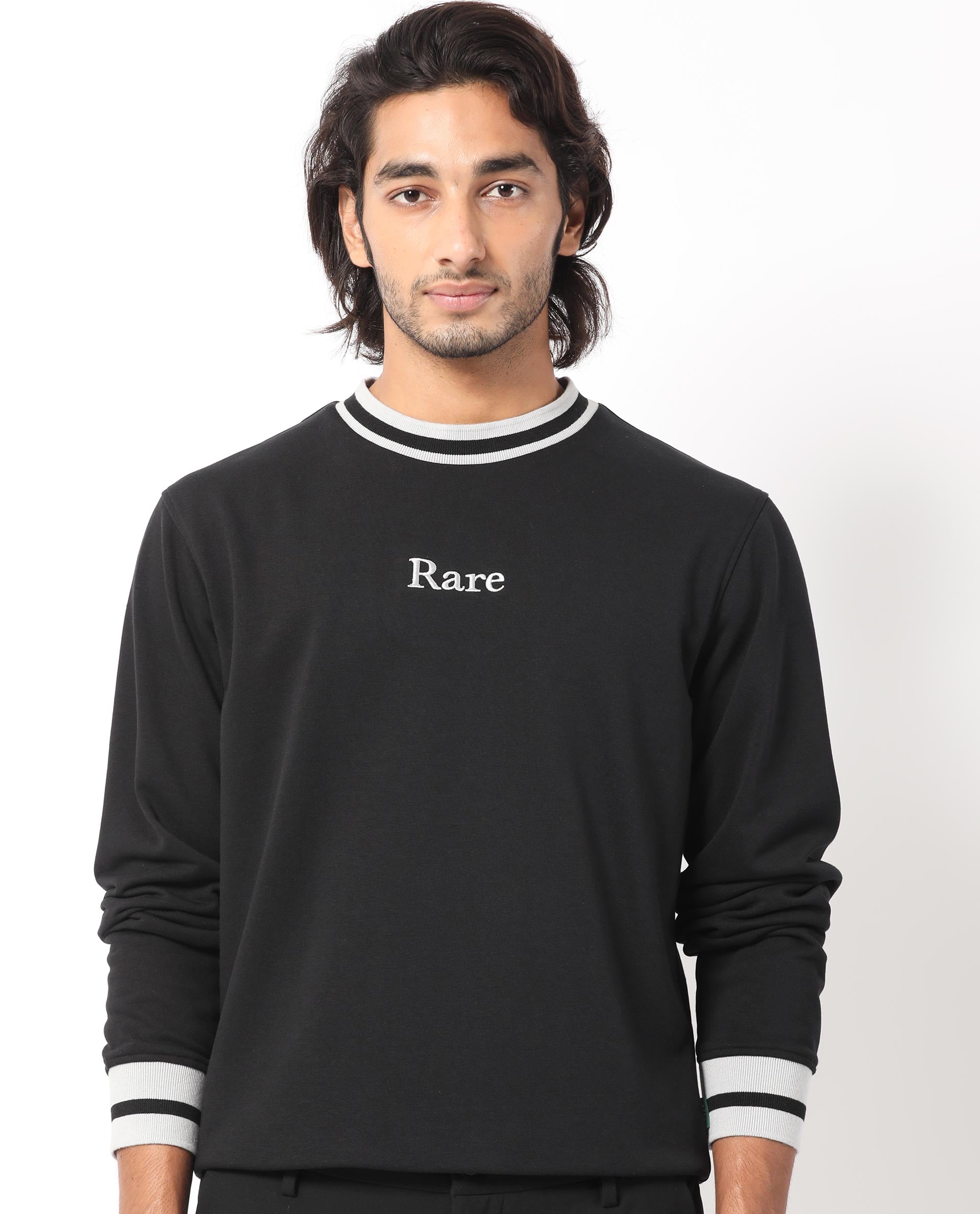 Rare Rabbit Men's Cancet Black Cotton Polyester Fabric Full Sleeves Contrast Stripe Detail Sweatshirt