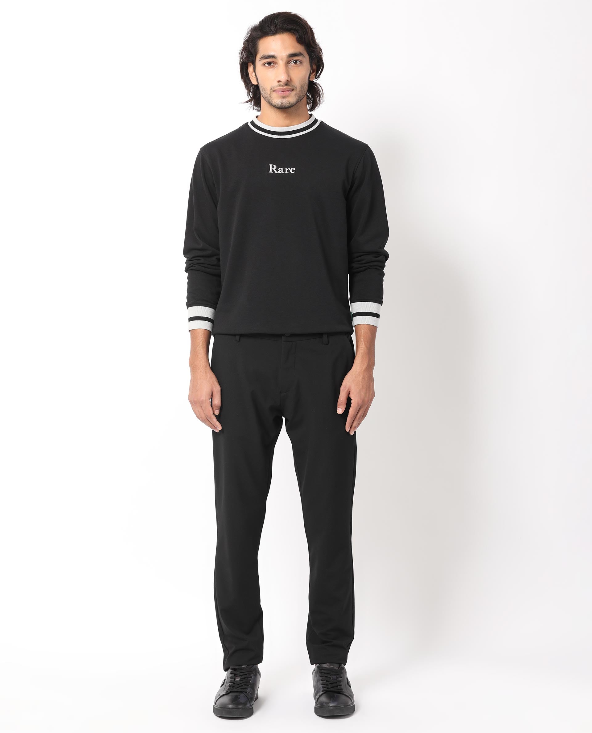 Rare Rabbit Men's Cancet Black Cotton Polyester Fabric Full Sleeves Contrast Stripe Detail Sweatshirt